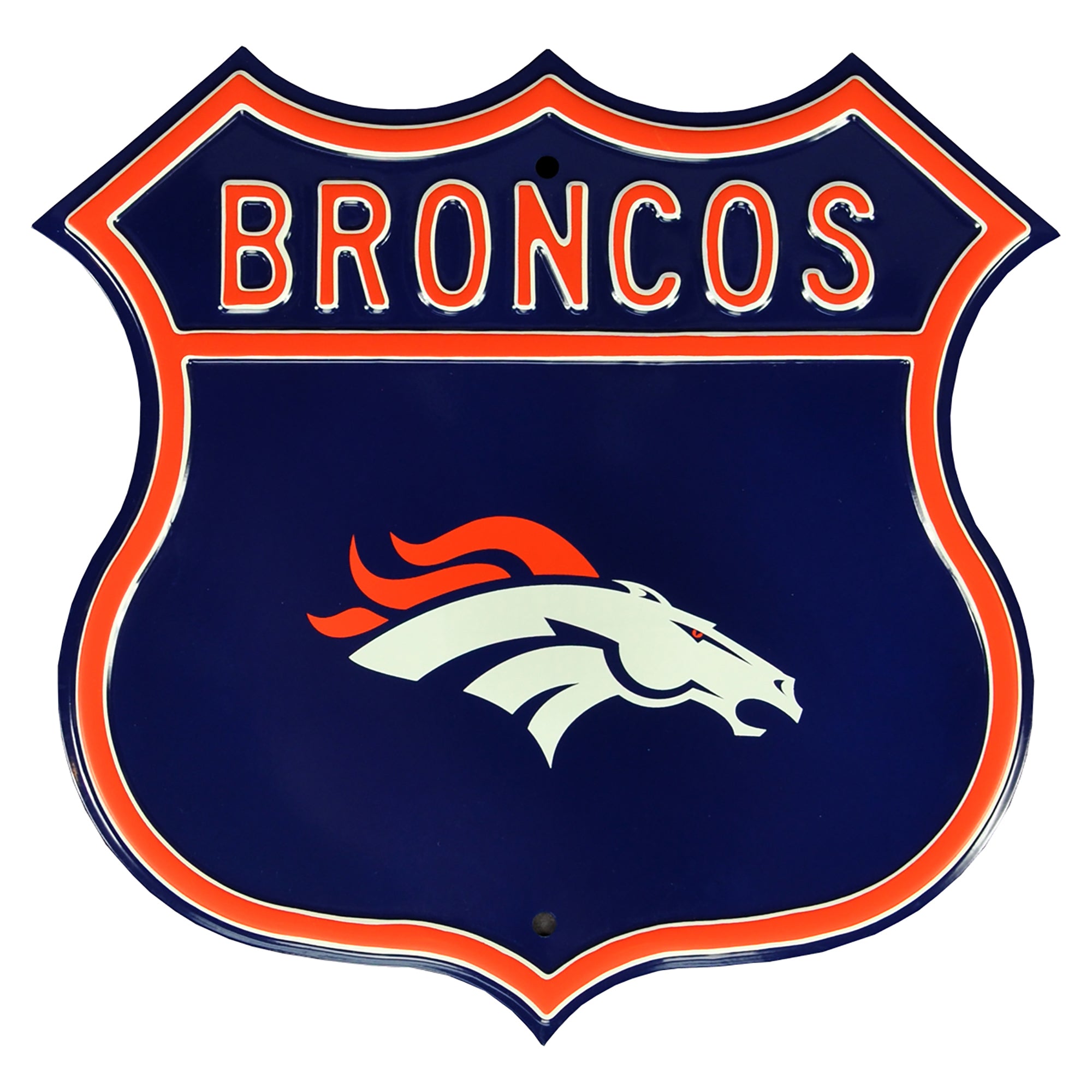 Denver Broncos logo, American football club, metal emblem, blue