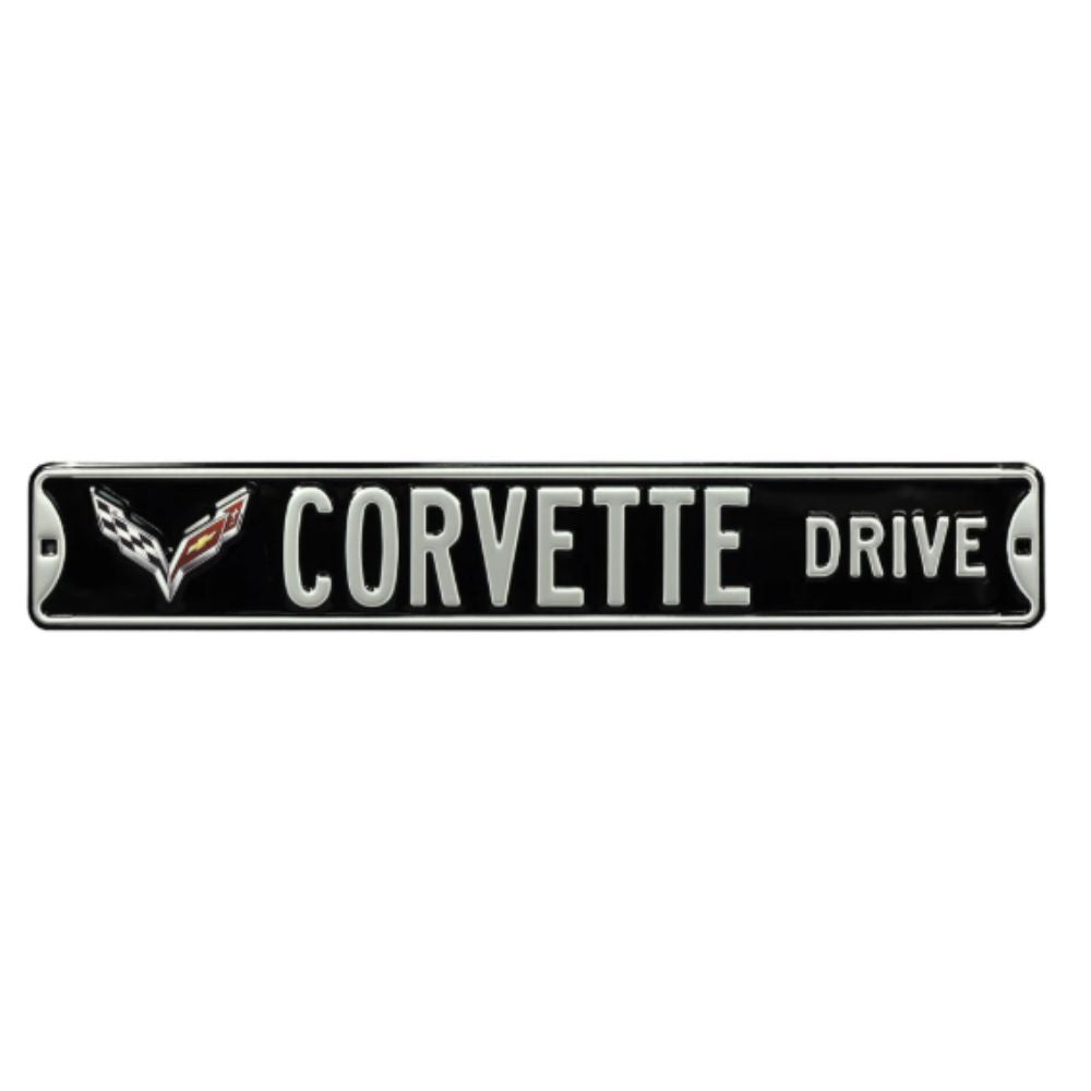 Corvette - Corvette Drive C7-Black Embossed Steel Street Sign
