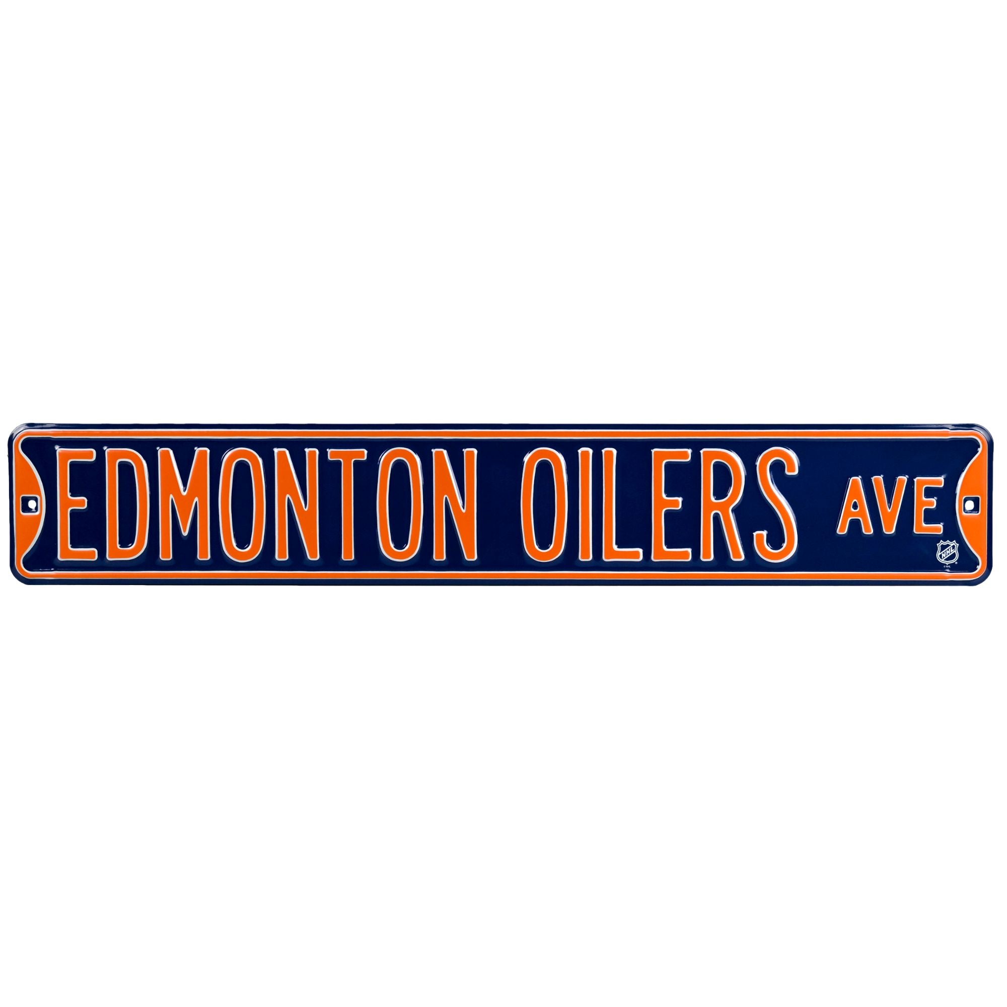 Edmonton Oilers - EDMONTON OILERS AVE - Navy / Orange Embossed Steel Street Sign