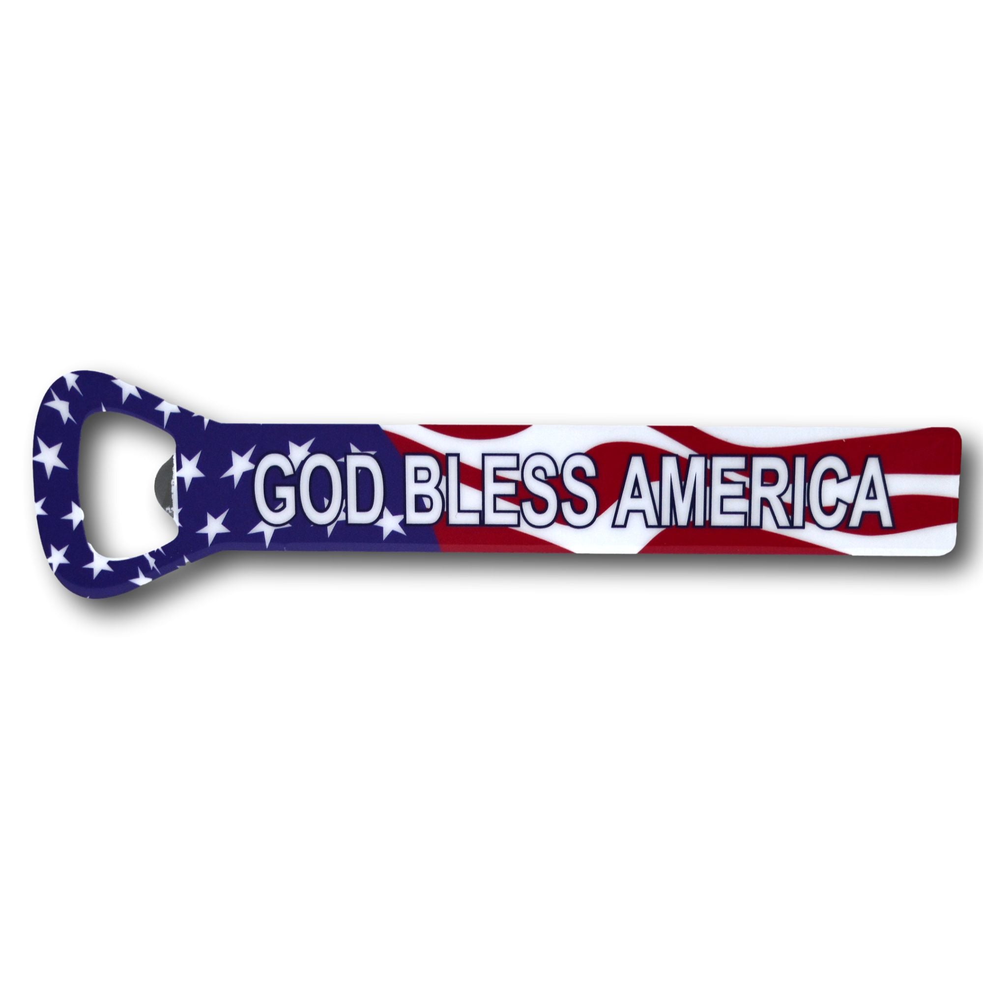 Patriotic Steel Bottle Opener Magnet – God Bless America