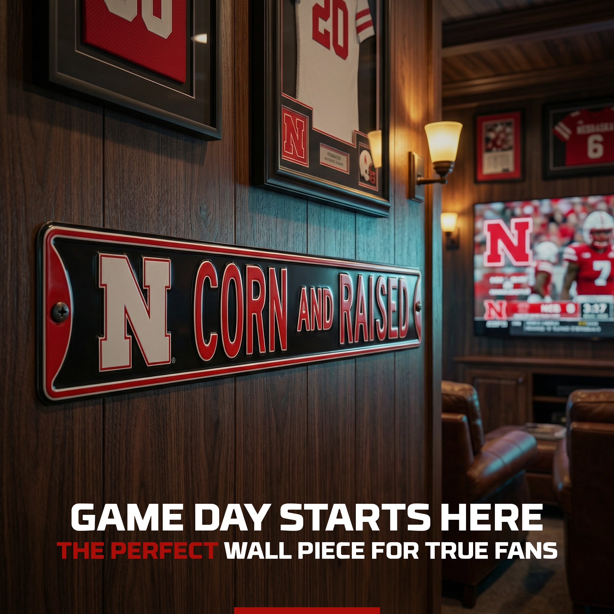 Nebraska Cornhuskers - CORN AND RAISED - Logo - Embossed Steel Street Sign