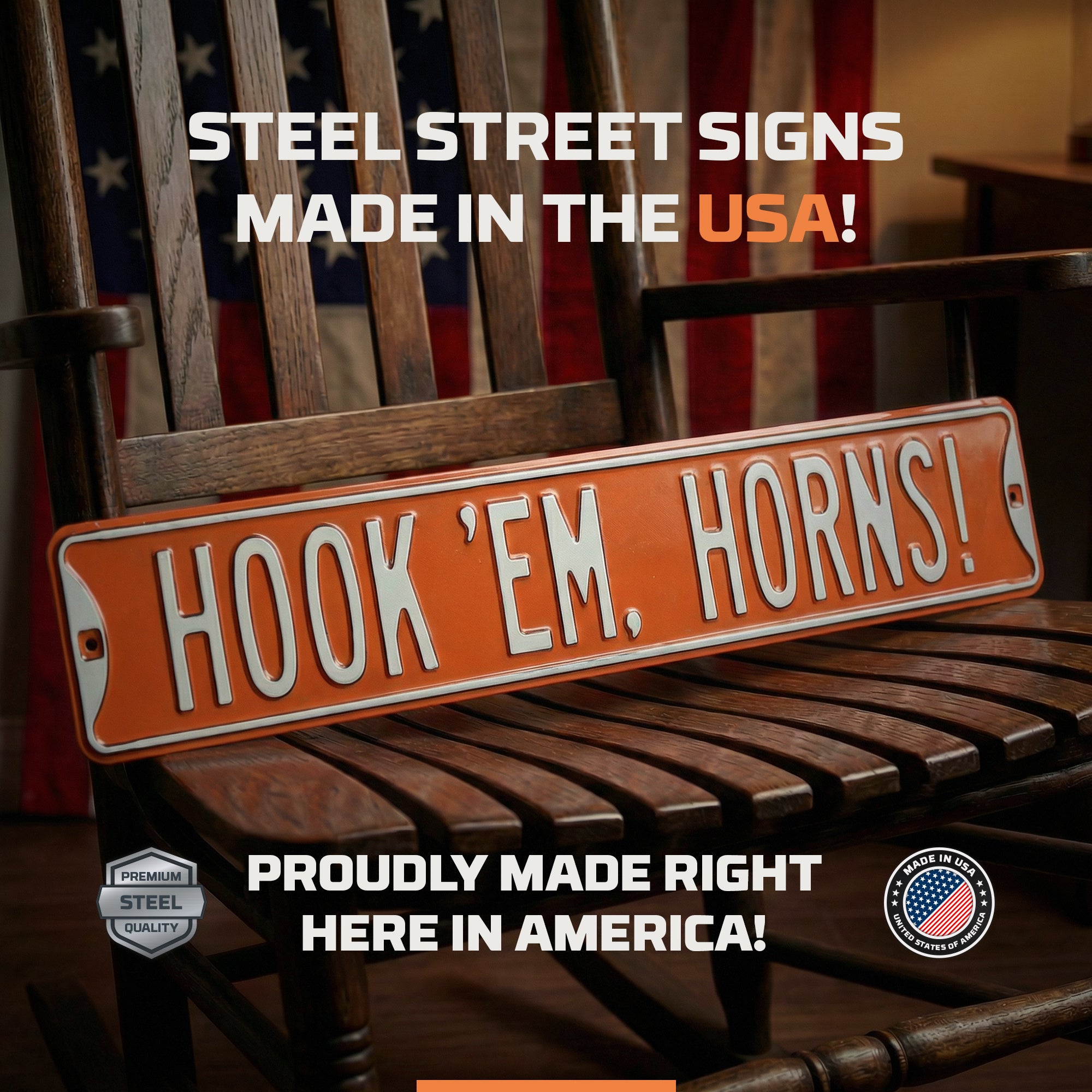 Texas Longhorns - HOOK 'EM HORNS - Embossed Steel Street Sign