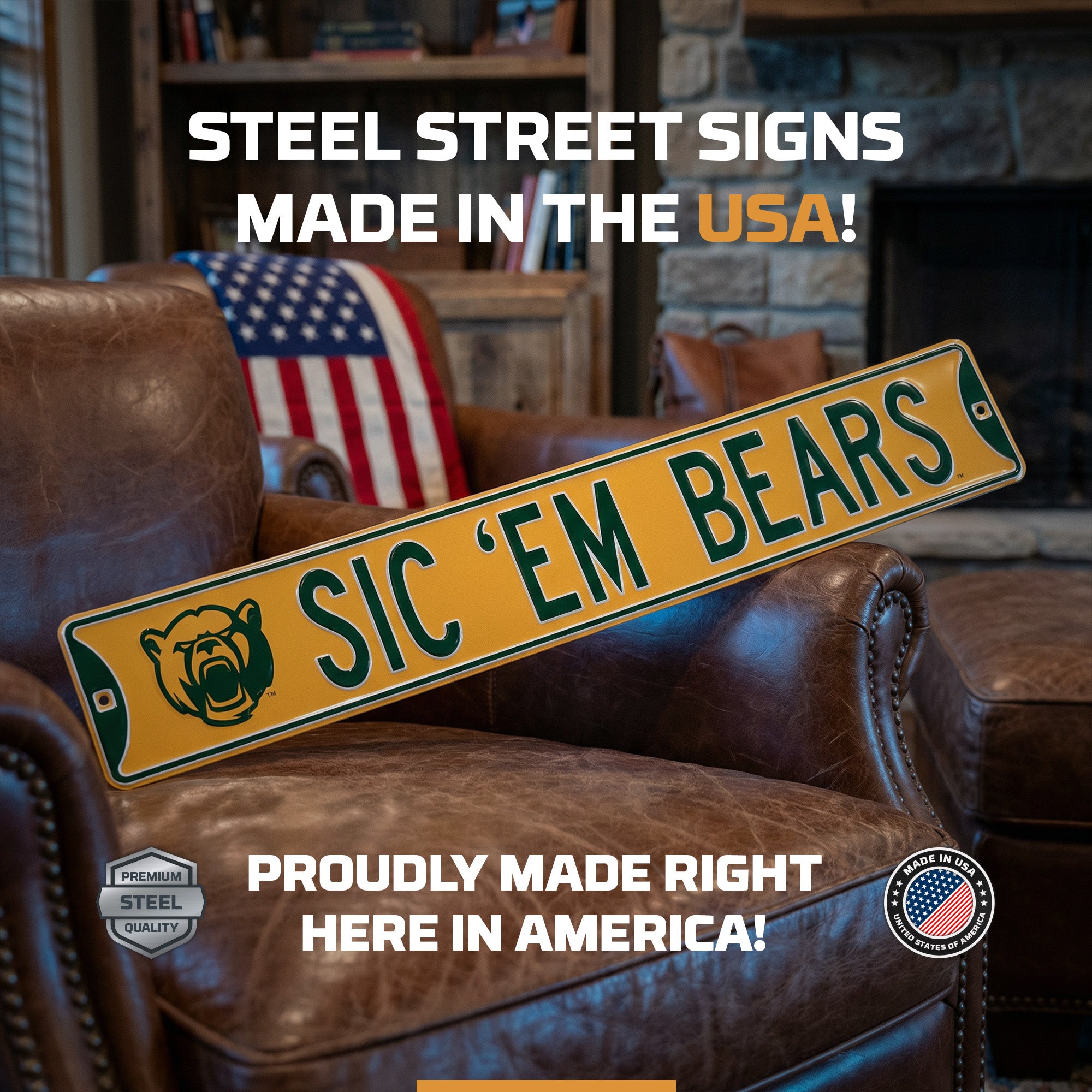 Baylor Bears - SIC 'EM BEARS Bearhead - Embossed Steel Street Sign