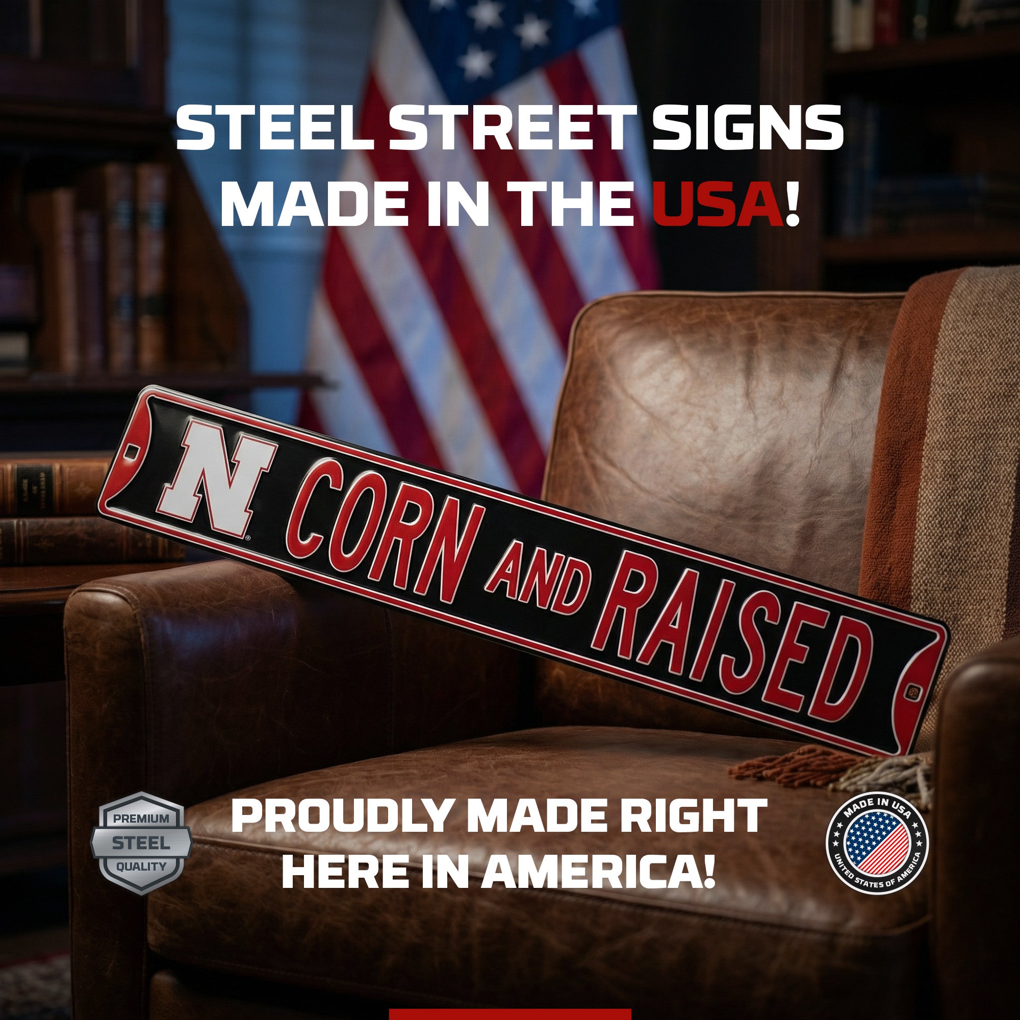 Nebraska Cornhuskers - CORN AND RAISED - Logo - Embossed Steel Street Sign