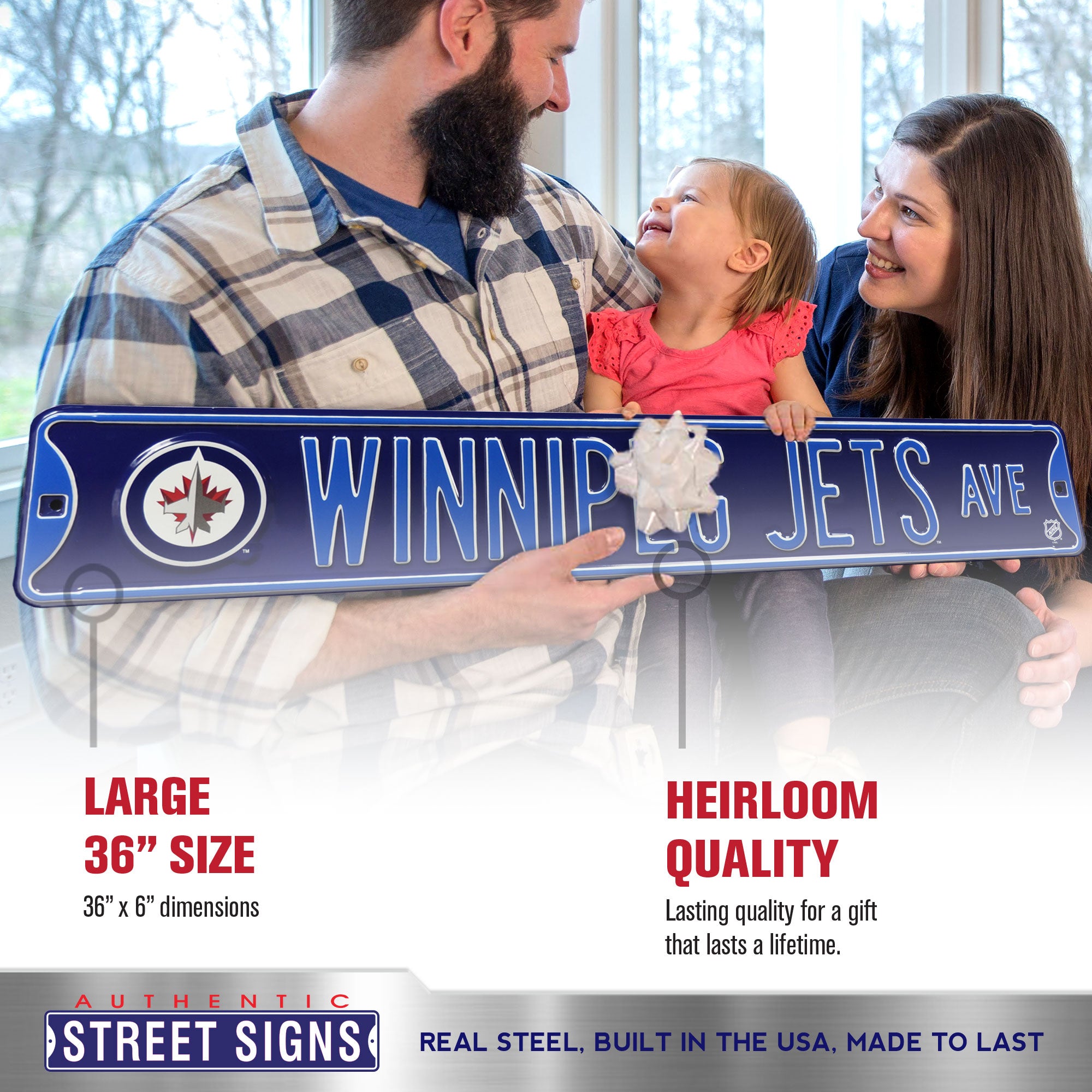 Winnipeg Jets - WINNIPEG JETS AVE - Navy Logo Embossed Steel Street Sign