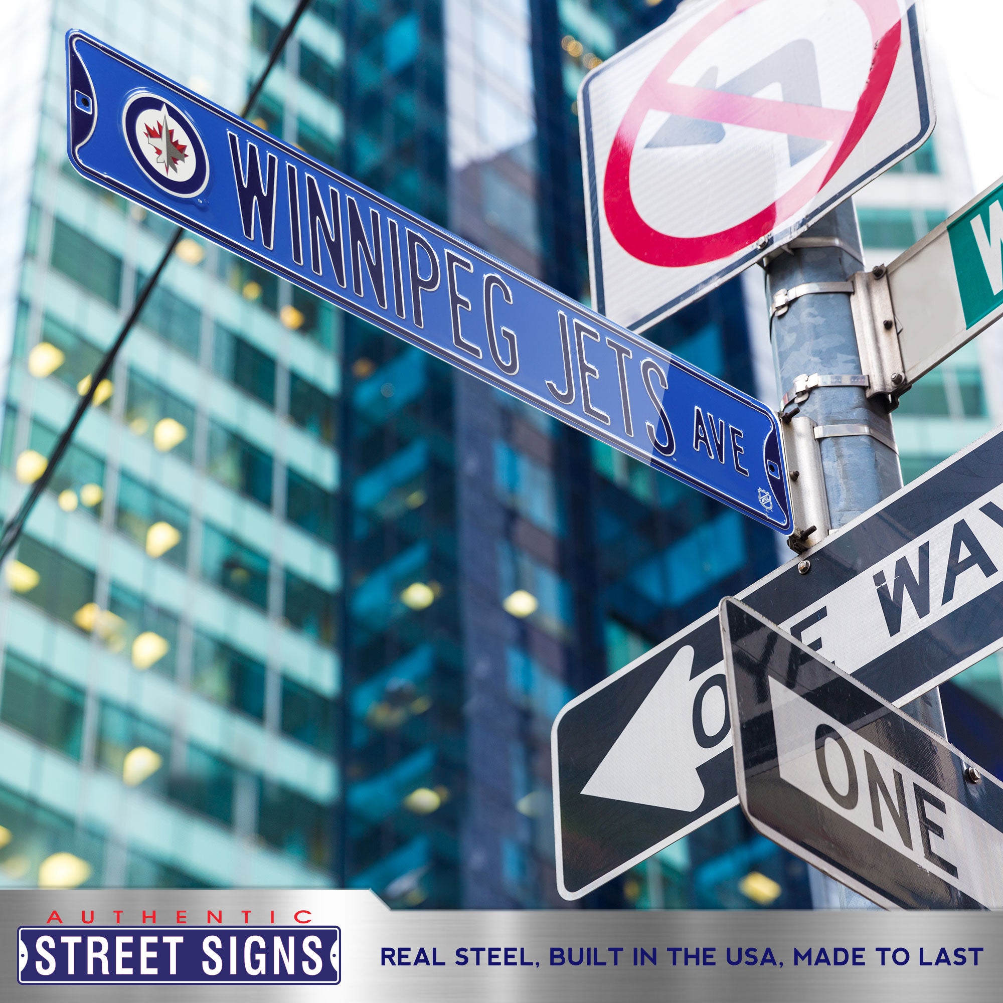 Winnipeg Jets - WINNIPEG JETS AVE - Blue Logo Embossed Steel Street Sign