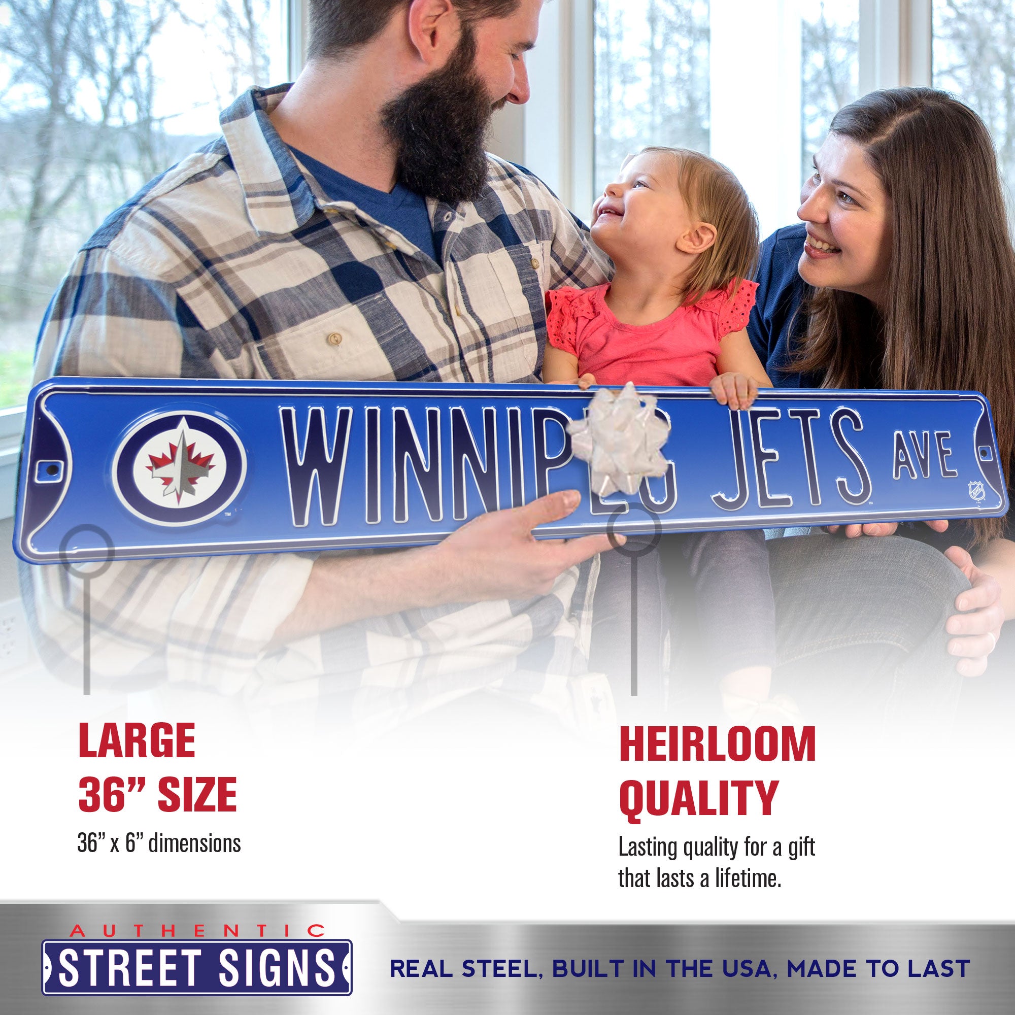 Winnipeg Jets - WINNIPEG JETS AVE - Blue Logo Embossed Steel Street Sign