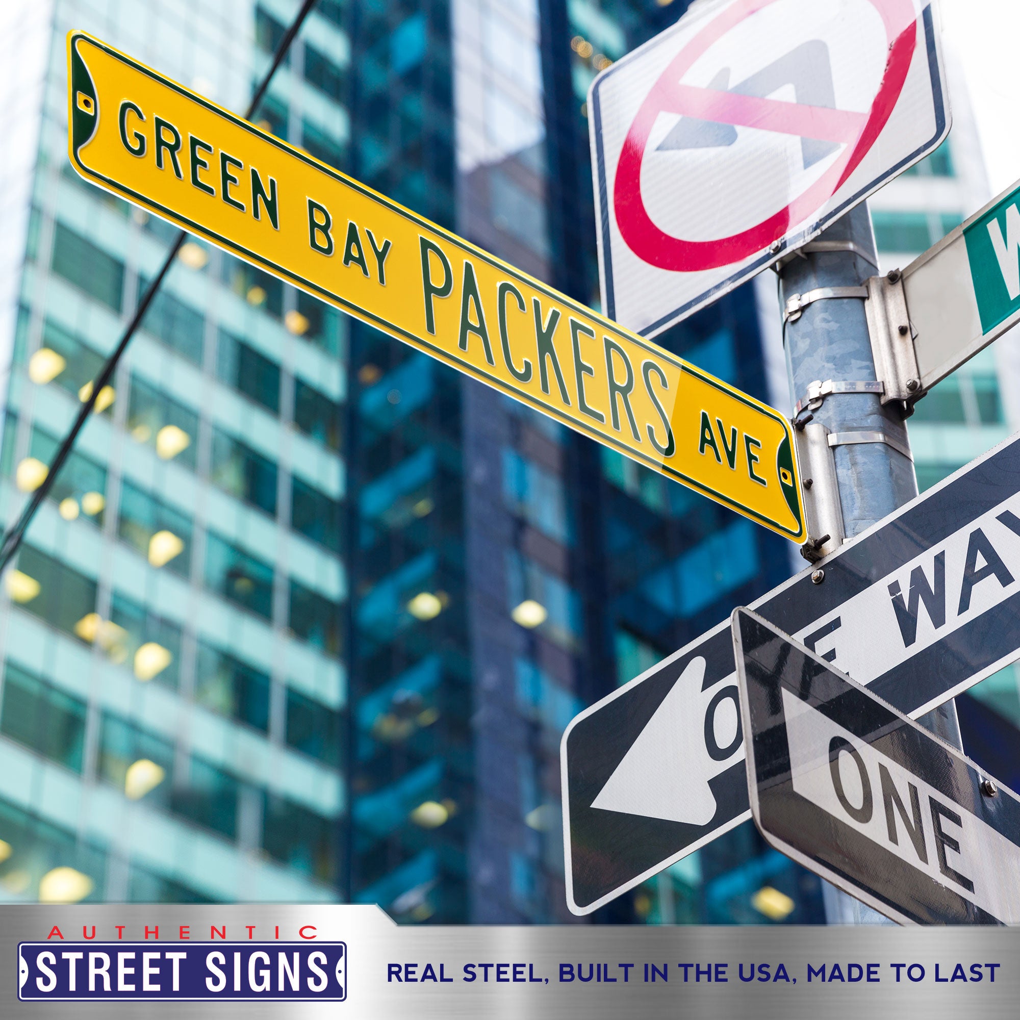 Green Bay Packers - GREEN BAY PACKERS AVE - Yellow Embossed Steel Street Sign