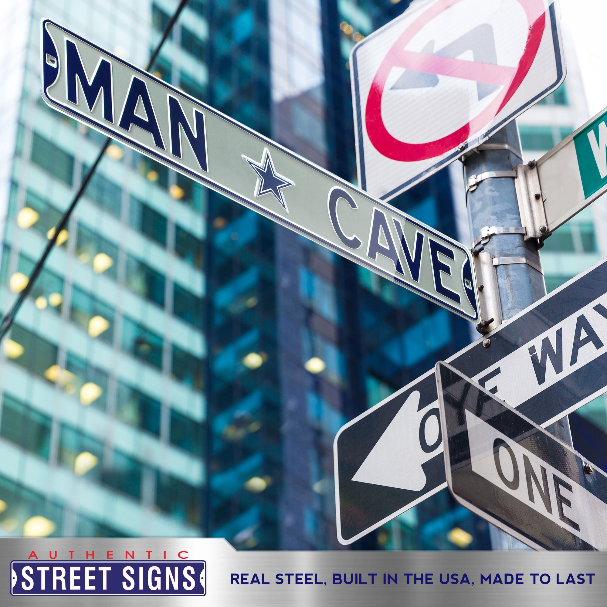 Dallas Cowboys - MAN CAVE - Silver Embossed Steel Street Sign