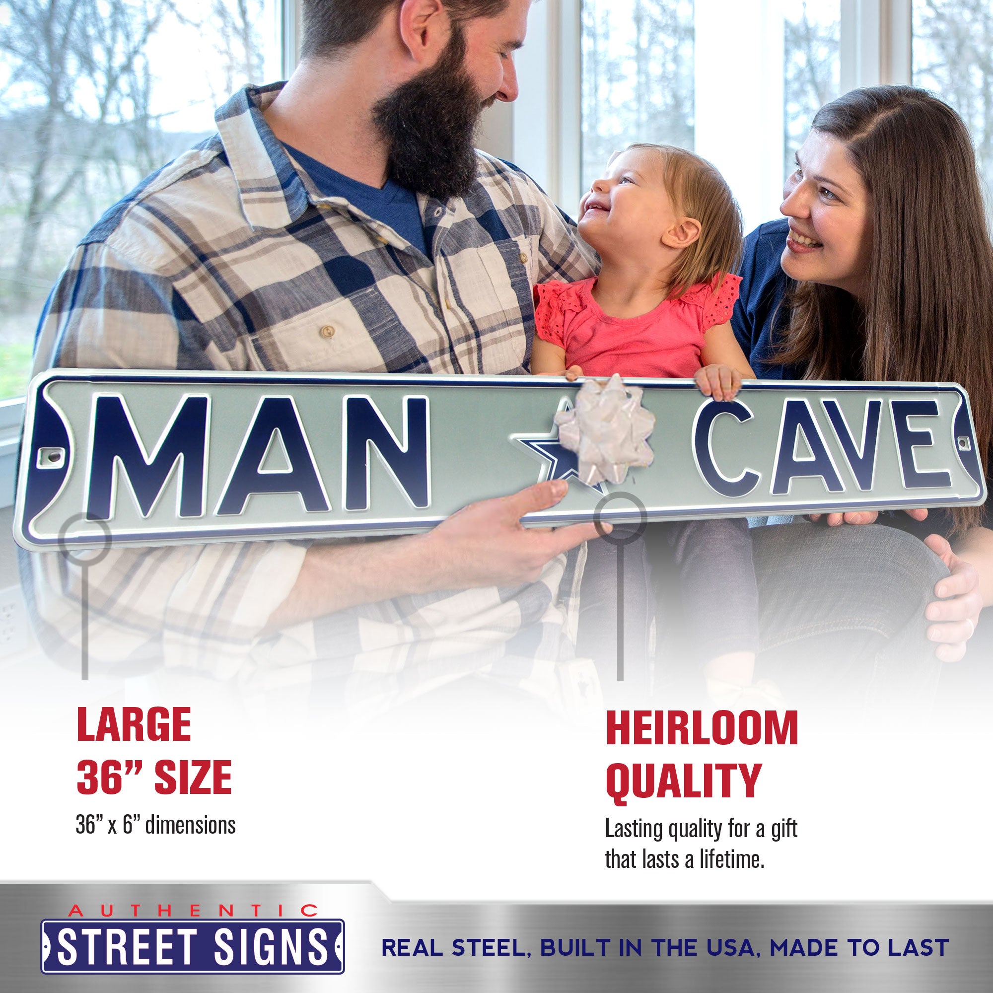 Dallas Cowboys - MAN CAVE - Silver Embossed Steel Street Sign