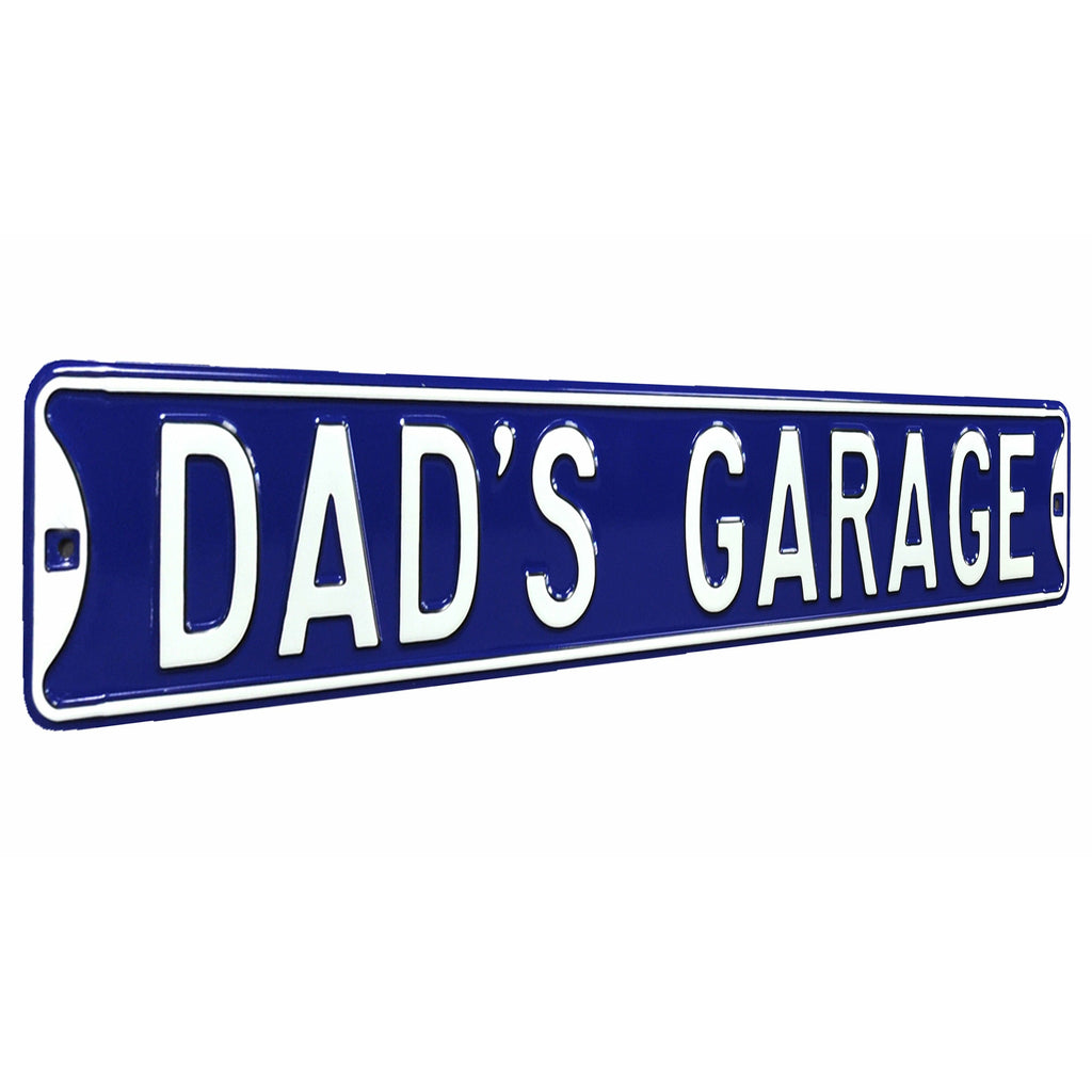 Dad's Garage Blue / White Embossed Steel Street Sign