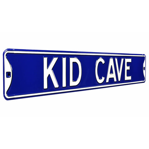 Kid Cave Blue / White Embossed Steel Street Sign