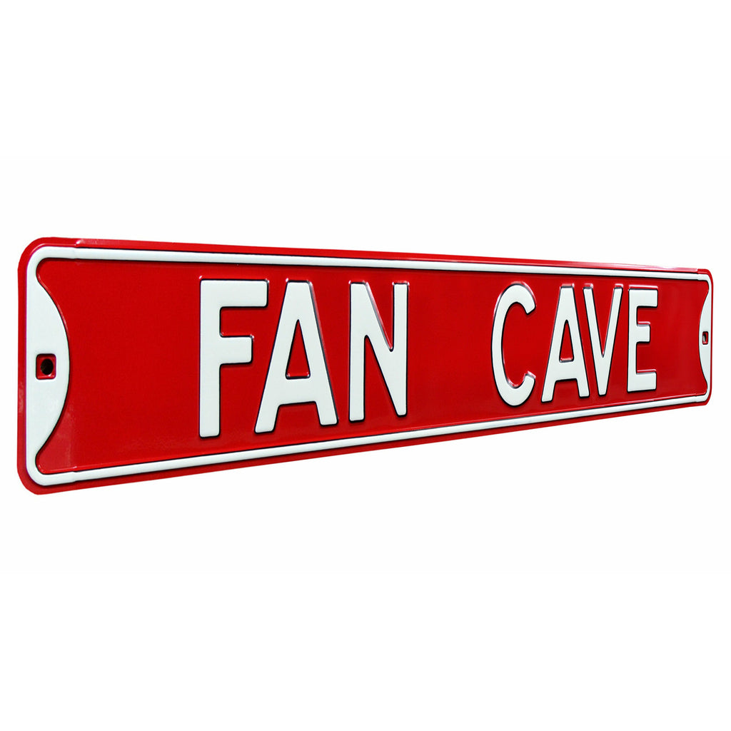 Fan Cave Red / White Embossed Steel Street Sign