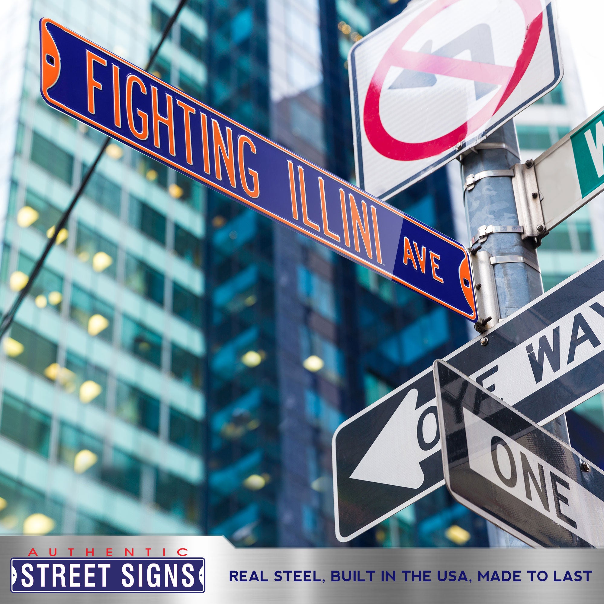 Illinois Fighting Illini - FIGHTING ILLINI AVE - Navy Embossed Steel Street Sign