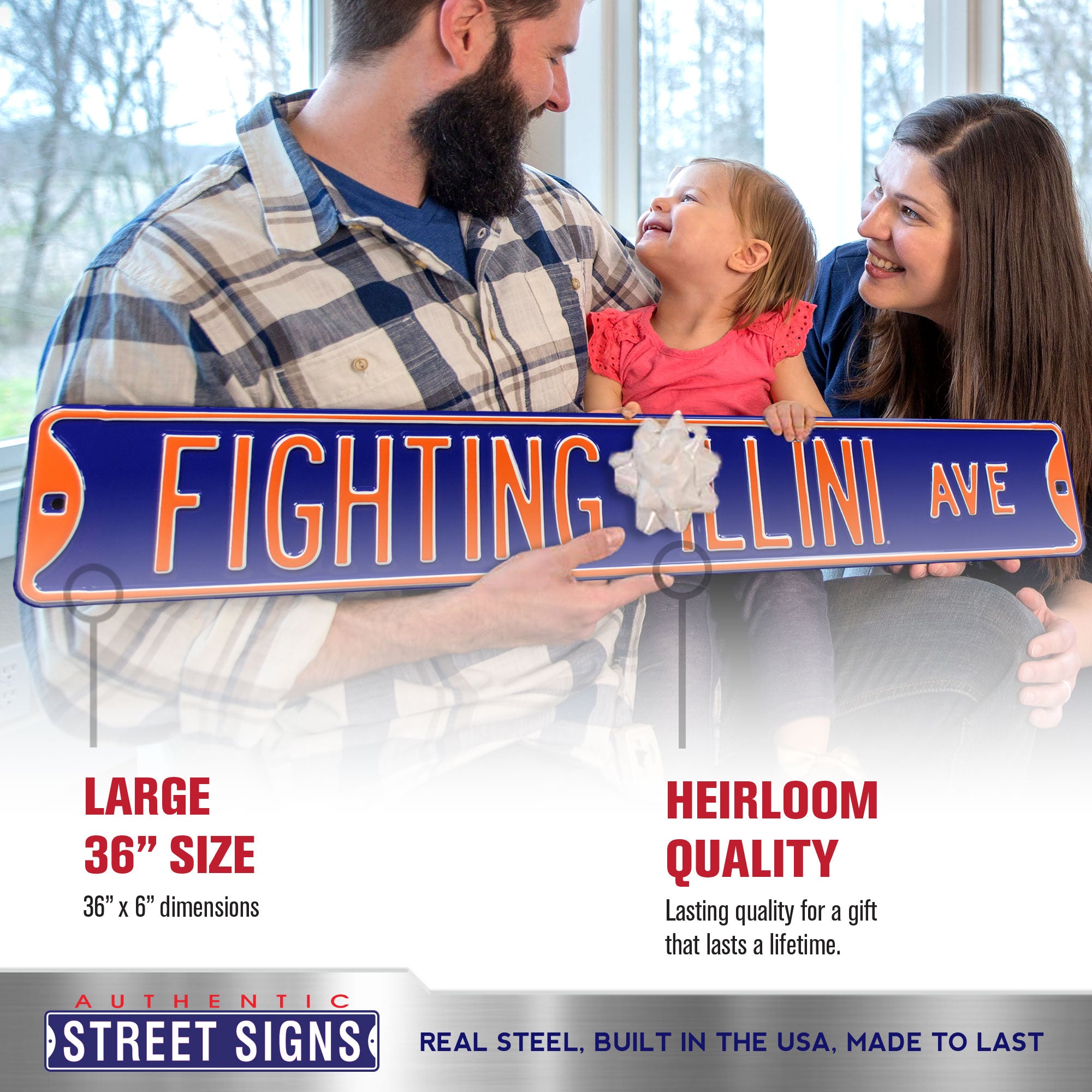 Illinois Fighting Illini - FIGHTING ILLINI AVE - Navy Embossed Steel Street Sign