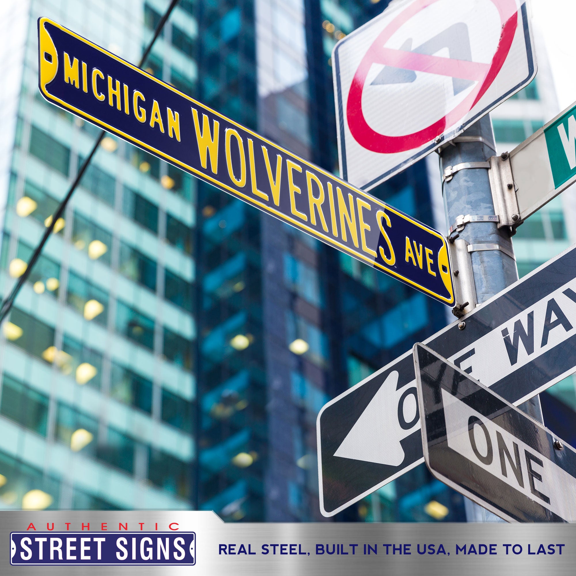 Michigan Wolverines - WOLVERINES AVE - Blue Embossed Steel Street Sign