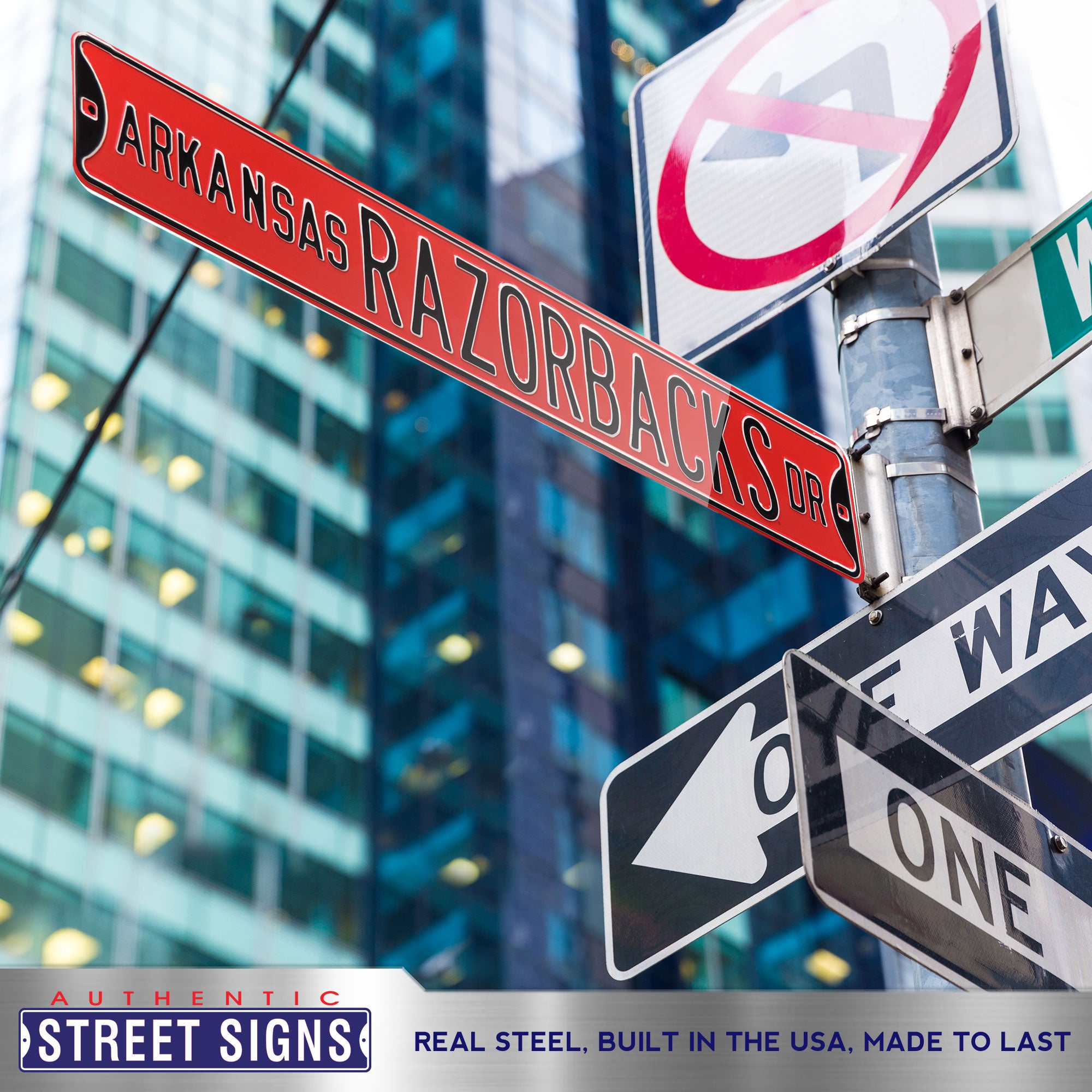Arkansas Razorbacks - RAZORBACKS DR - Red Embossed Steel Street Sign