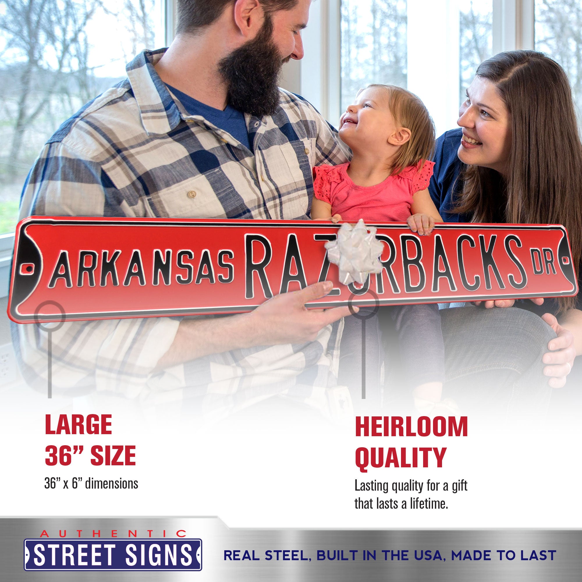 Arkansas Razorbacks - RAZORBACKS DR - Red Embossed Steel Street Sign