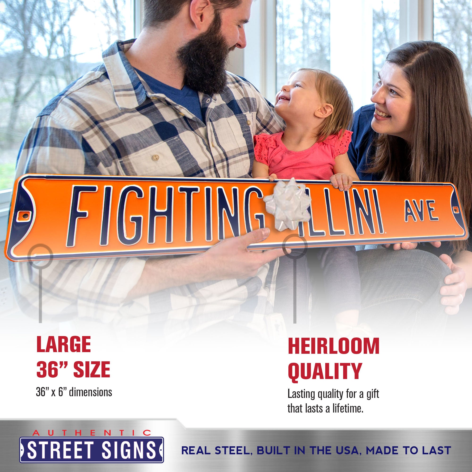 Illinois Fighting Illini - FIGHTING ILLINI AVE - Orange Embossed Steel Street Sign