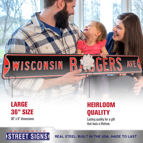 Wisconsin Badgers - BADGERS AVE - Black Embossed Steel Street Sign