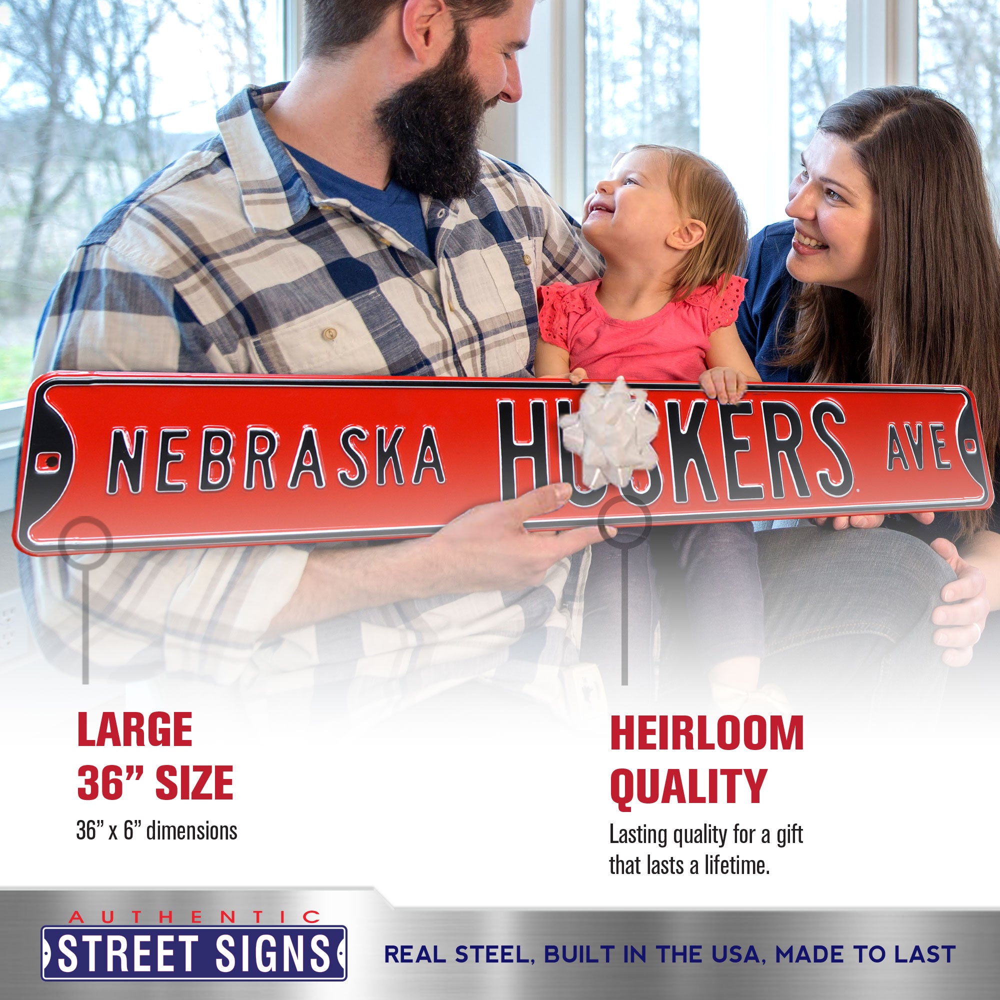 Nebraska Cornhuskers - HUSKERS AVE - Red Embossed Steel Street Sign