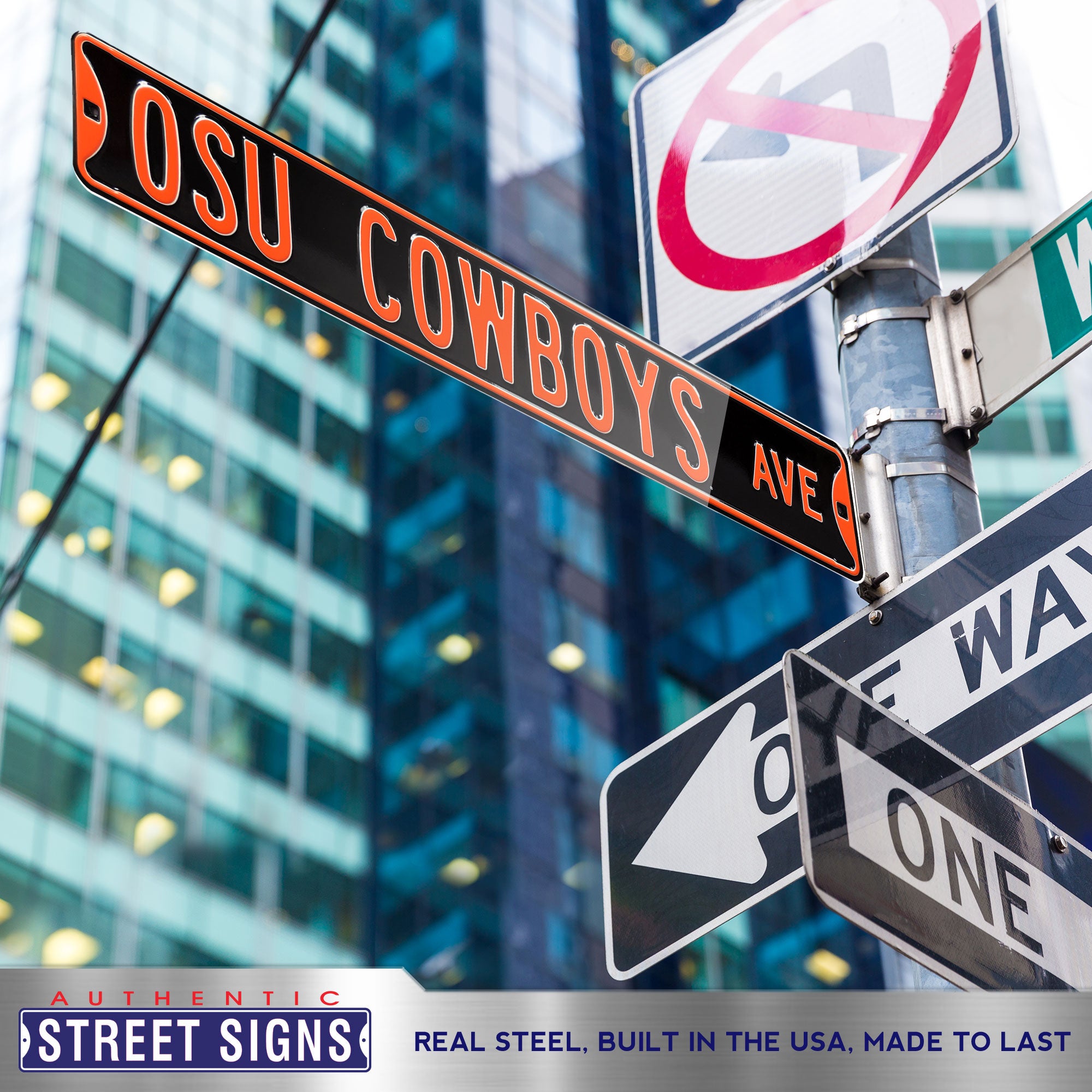 Oklahoma State Cowboys - OSU COWBOYS AVE - Black Embossed Steel Street Sign