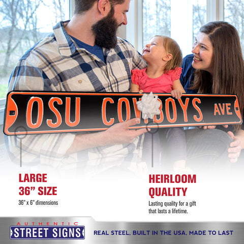 Oklahoma State Cowboys - OSU COWBOYS AVE - Black Embossed Steel Street Sign