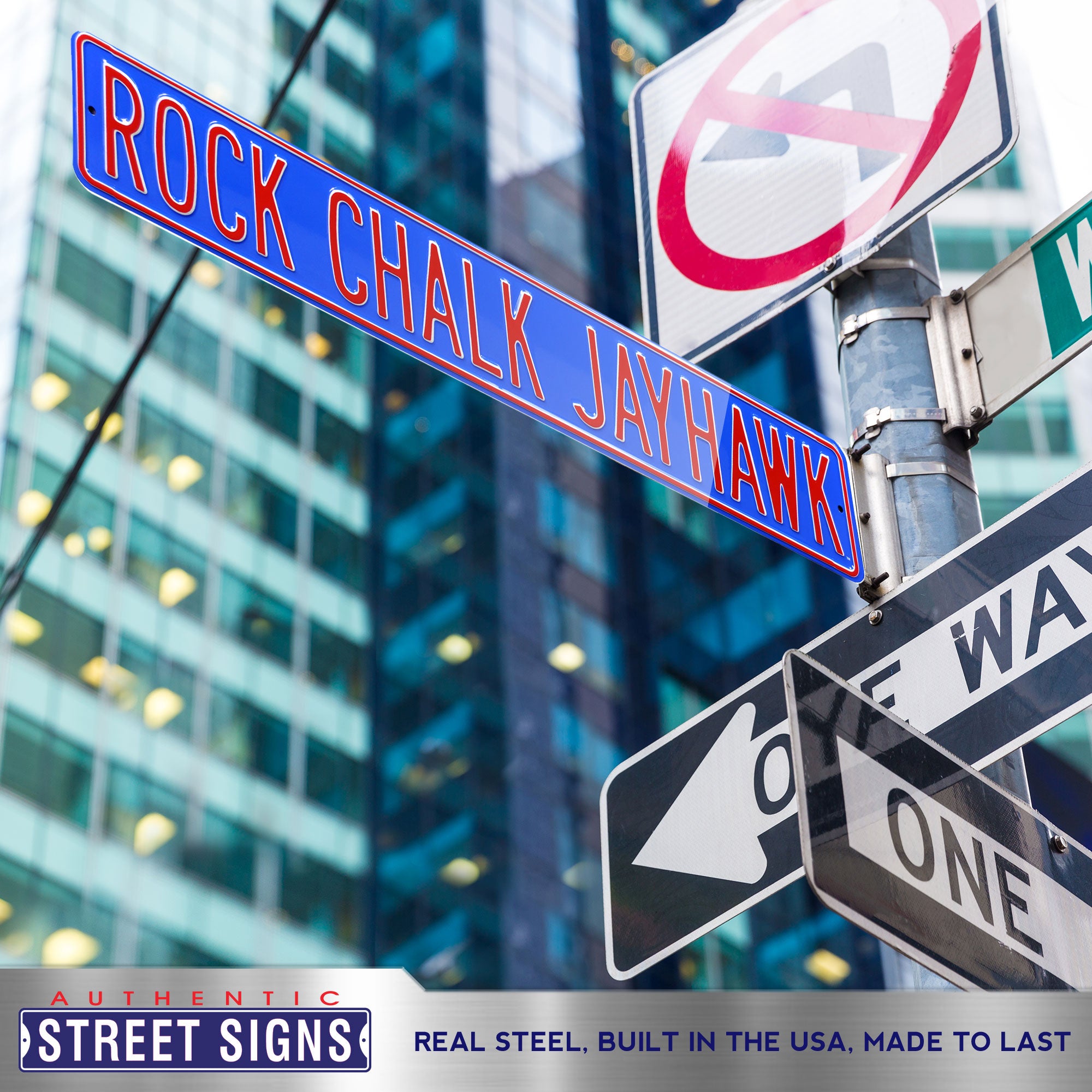 Kansas Jayhawks - ROCK CHALK JAYHAWK - Embossed Steel Street Sign