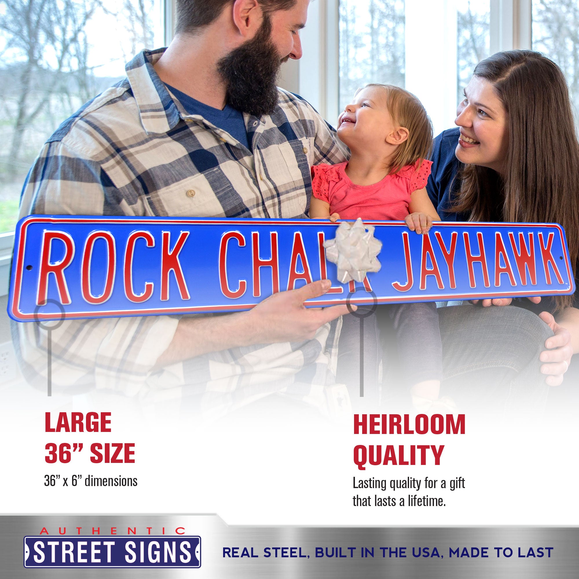 Kansas Jayhawks - ROCK CHALK JAYHAWK - Embossed Steel Street Sign