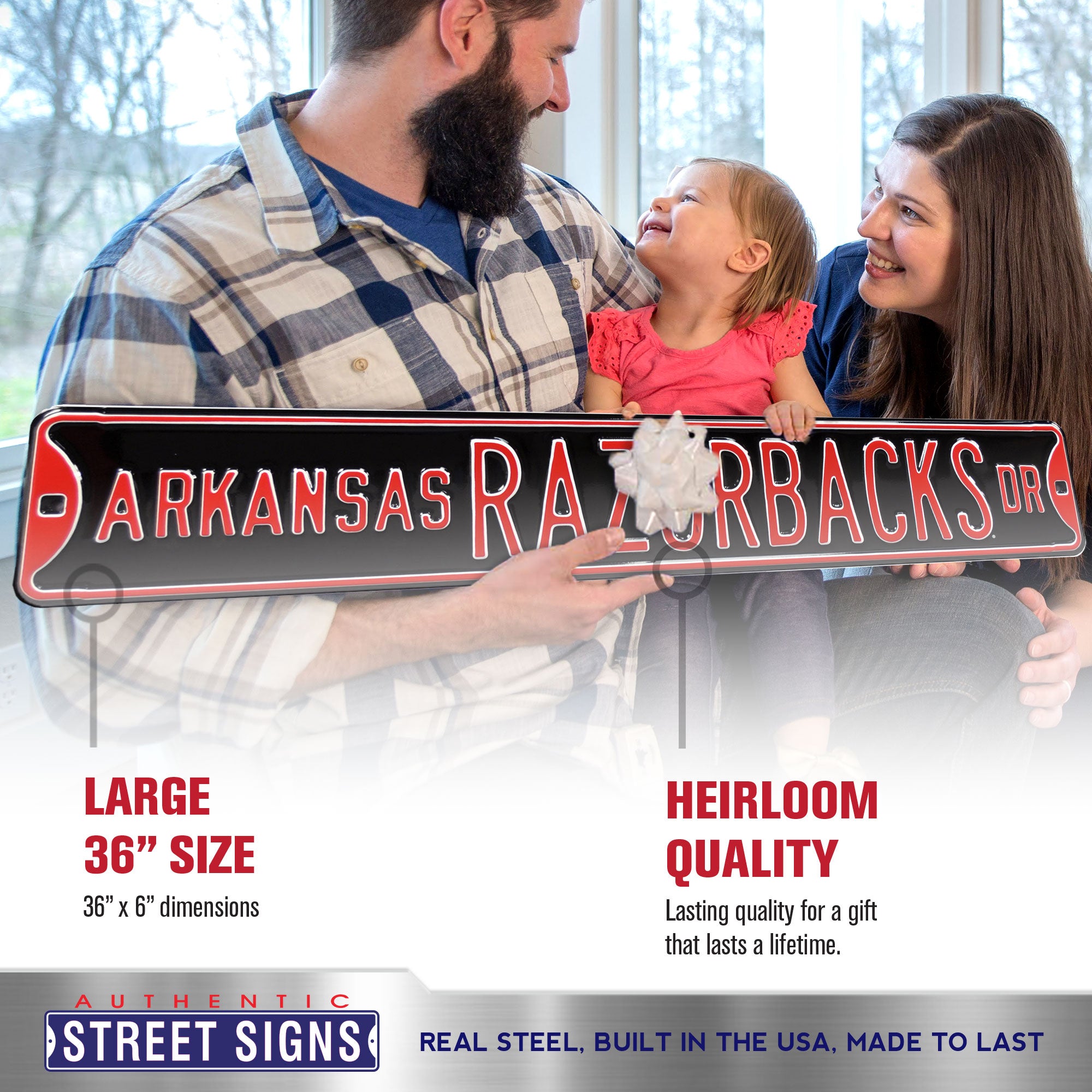 Arkansas Razorbacks - RAZORBACKS DR - Black Embossed Steel Street Sign