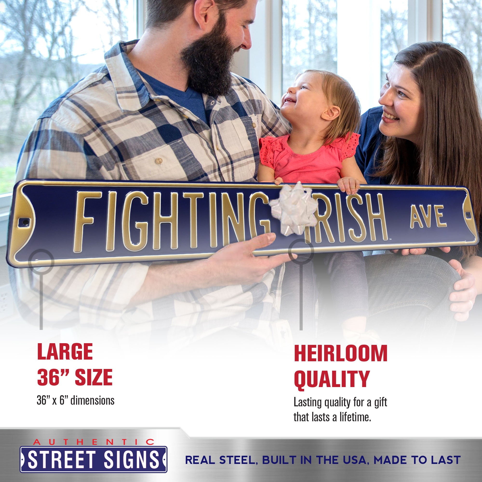 Notre Dame Fighting Irish - FIGHTING IRISH AVE - Navy Embossed Steel Street Sign