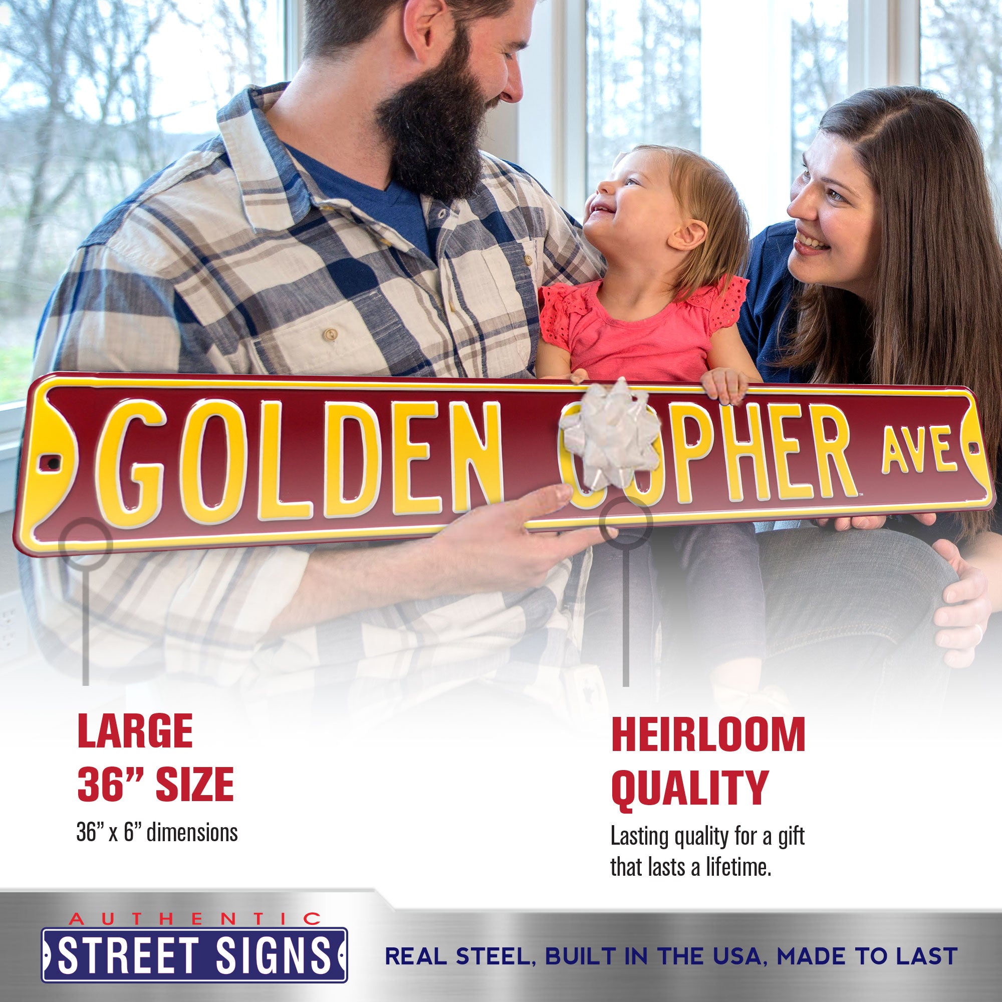 Minnesota Golden Gophers - GOLDEN GOPHER AVE - Embossed Steel Street Sign