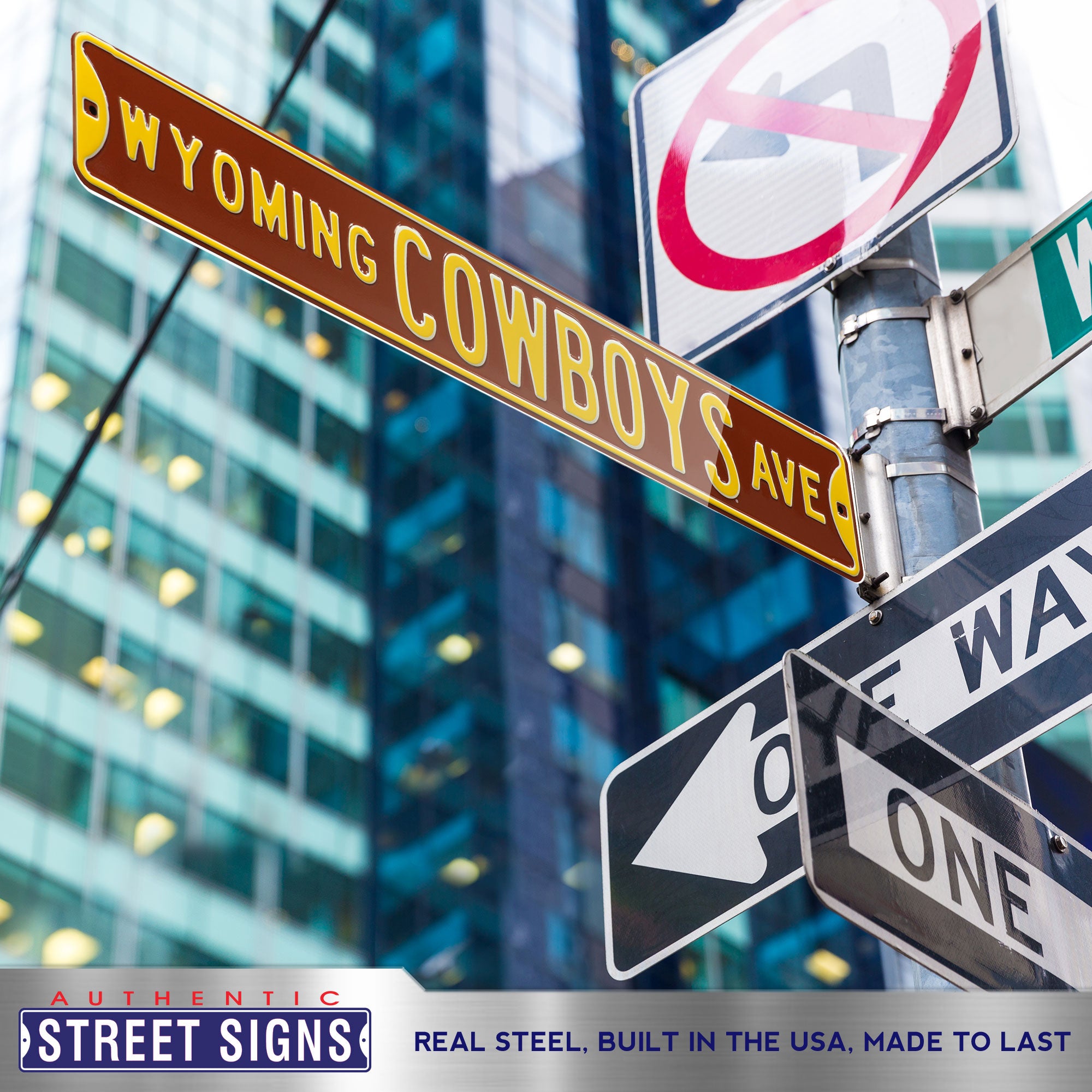 Wyoming Cowboys - COWBOYS AVE - Brown Embossed Steel Street Sign