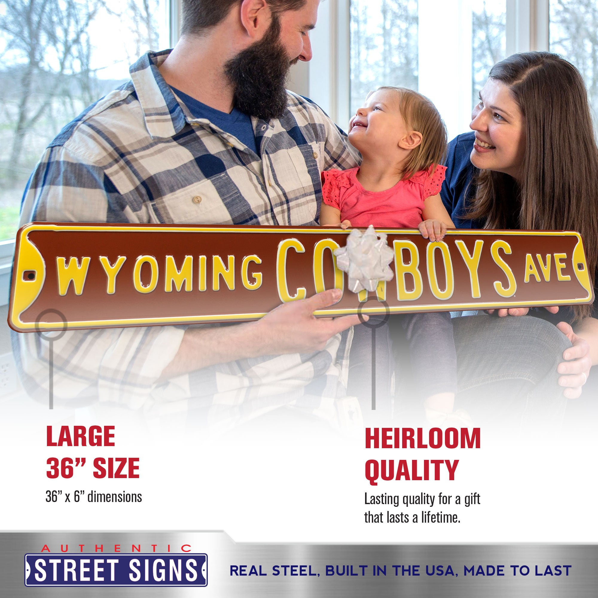 Wyoming Cowboys - COWBOYS AVE - Brown Embossed Steel Street Sign
