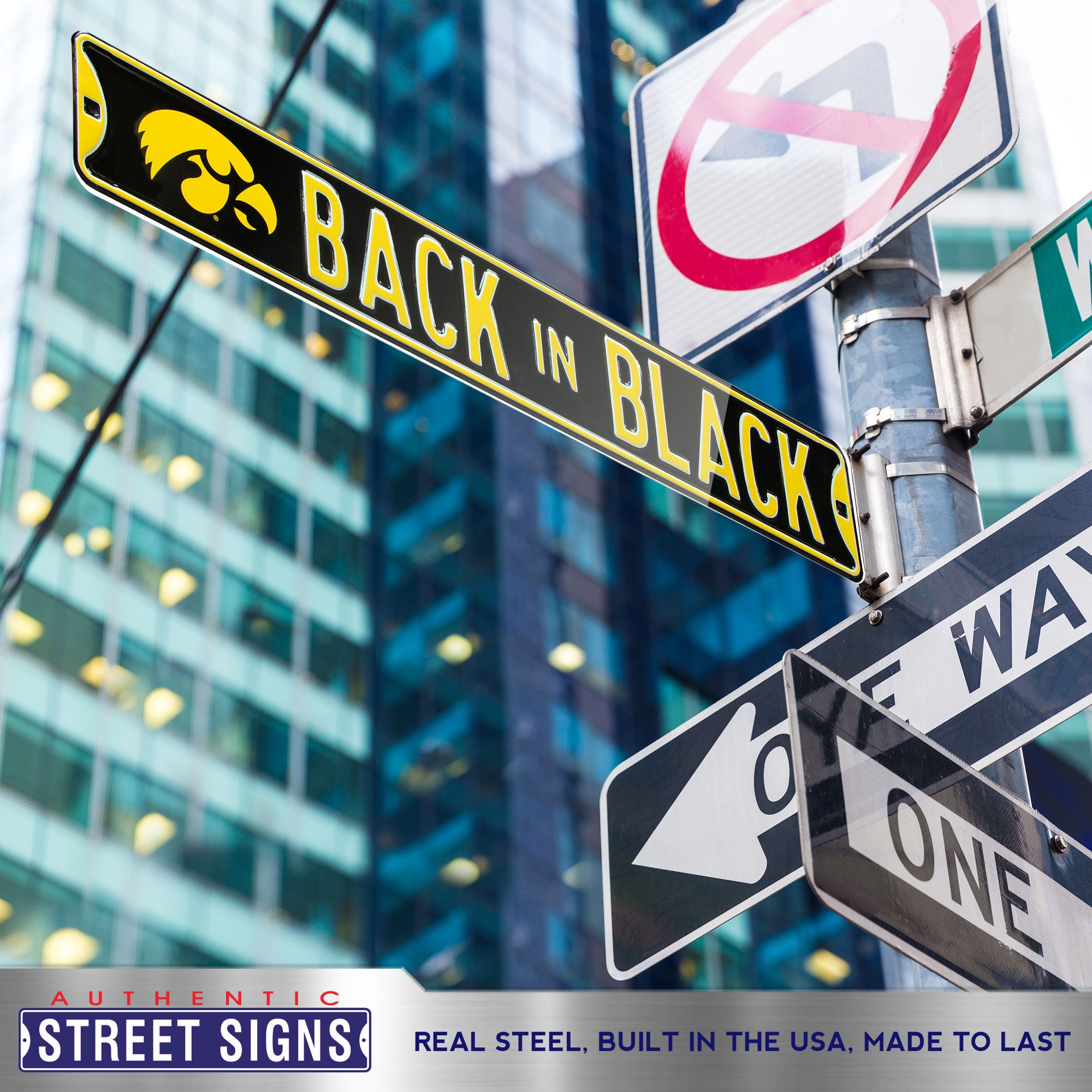 Iowa Hawkeyes - BACK IN BLACK - Embossed Steel Street Sign