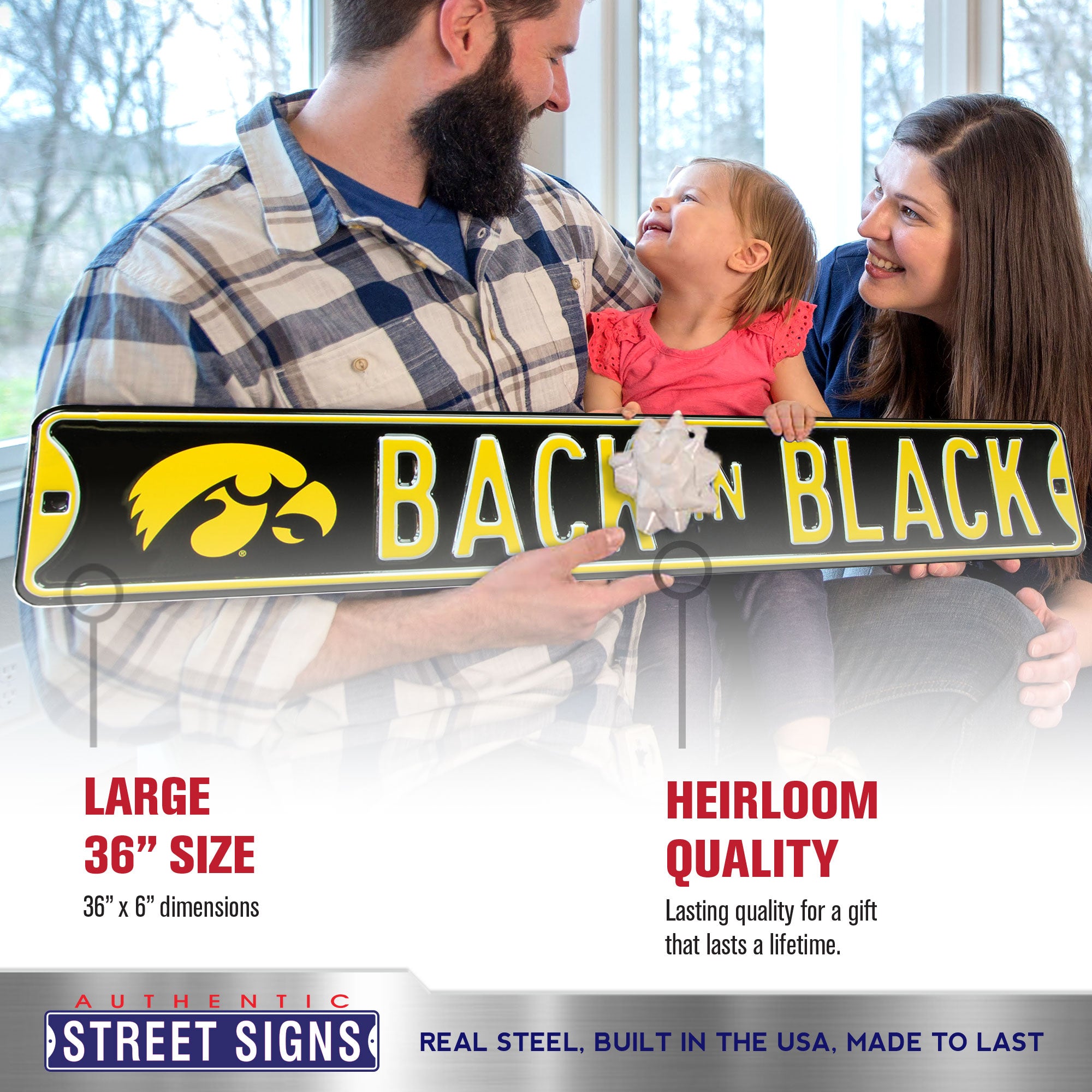 Iowa Hawkeyes - BACK IN BLACK - Embossed Steel Street Sign