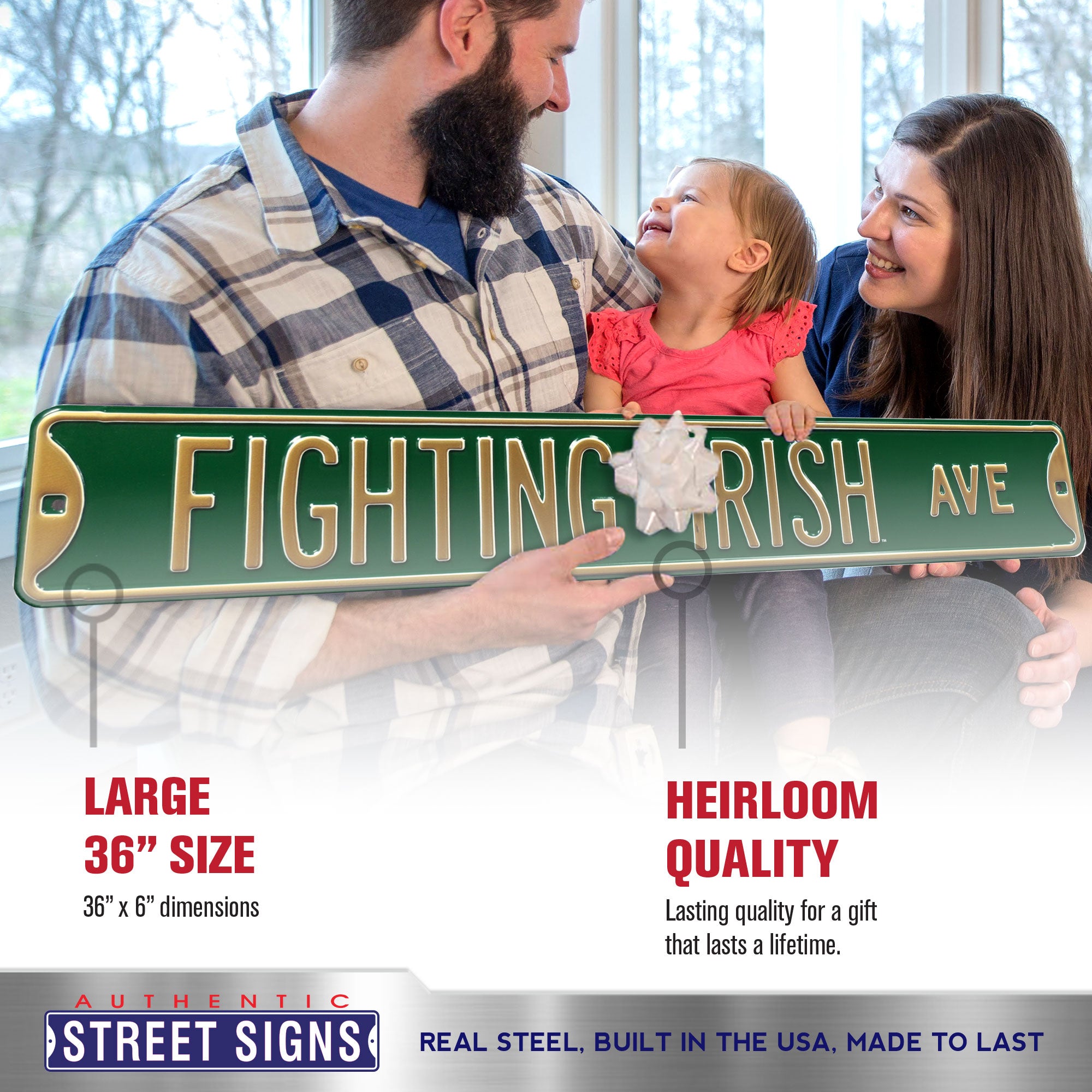 Notre Dame Fighting Irish - FIGHTING IRISH AVE - Green Embossed Steel Street Sign