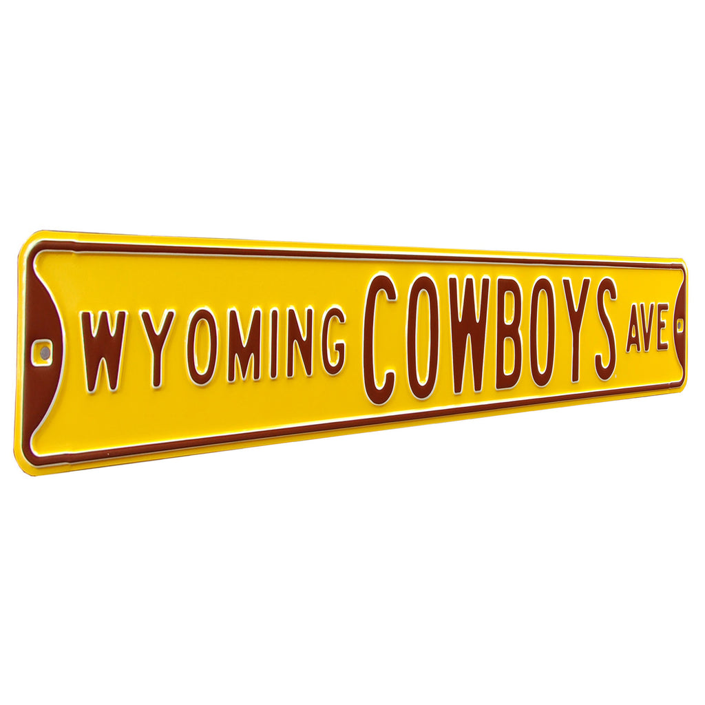 Wyoming Cowboys - COWBOYS AVE - Yellow Embossed Steel Street Sign