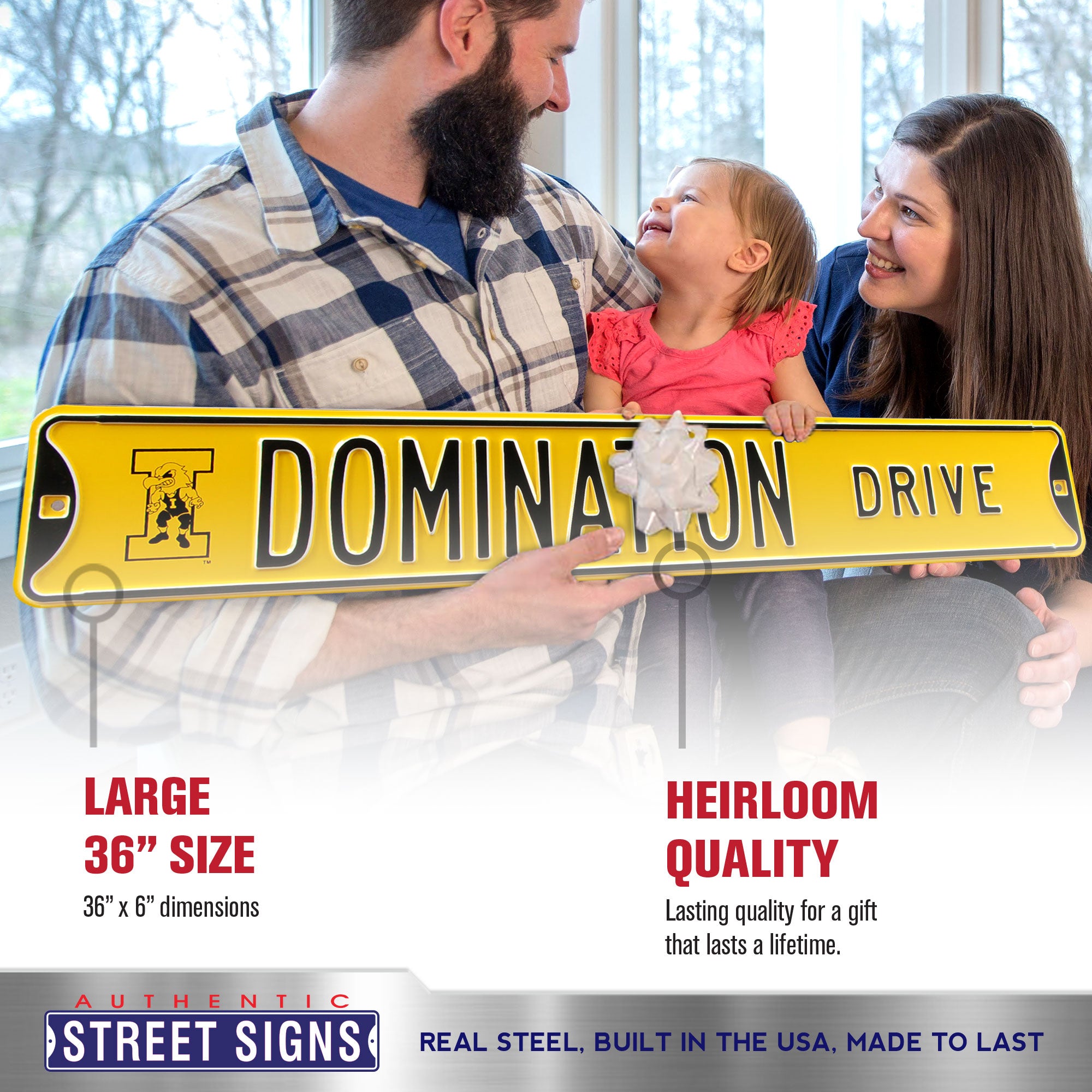 Iowa Hawkeyes - DOMINATION DRIVE - Embossed Steel Street Sign