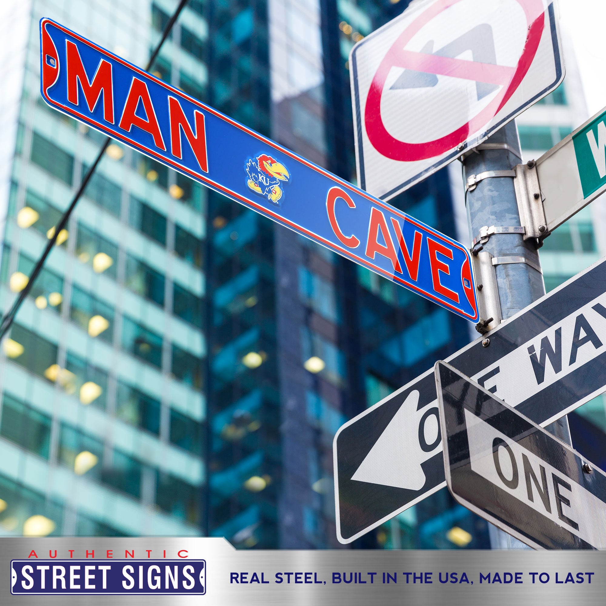 Kansas Jayhawks - MAN CAVE - Embossed Steel Street Sign