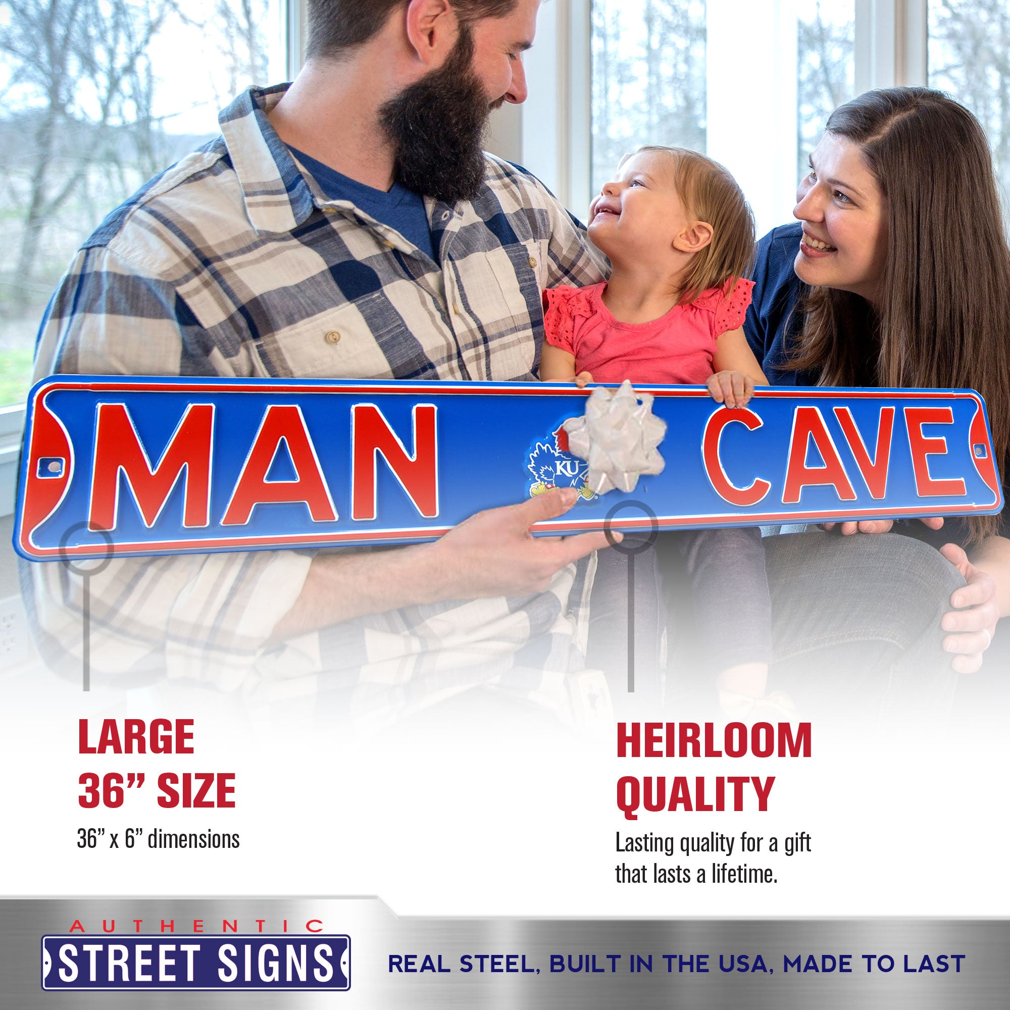 Kansas Jayhawks - MAN CAVE - Embossed Steel Street Sign