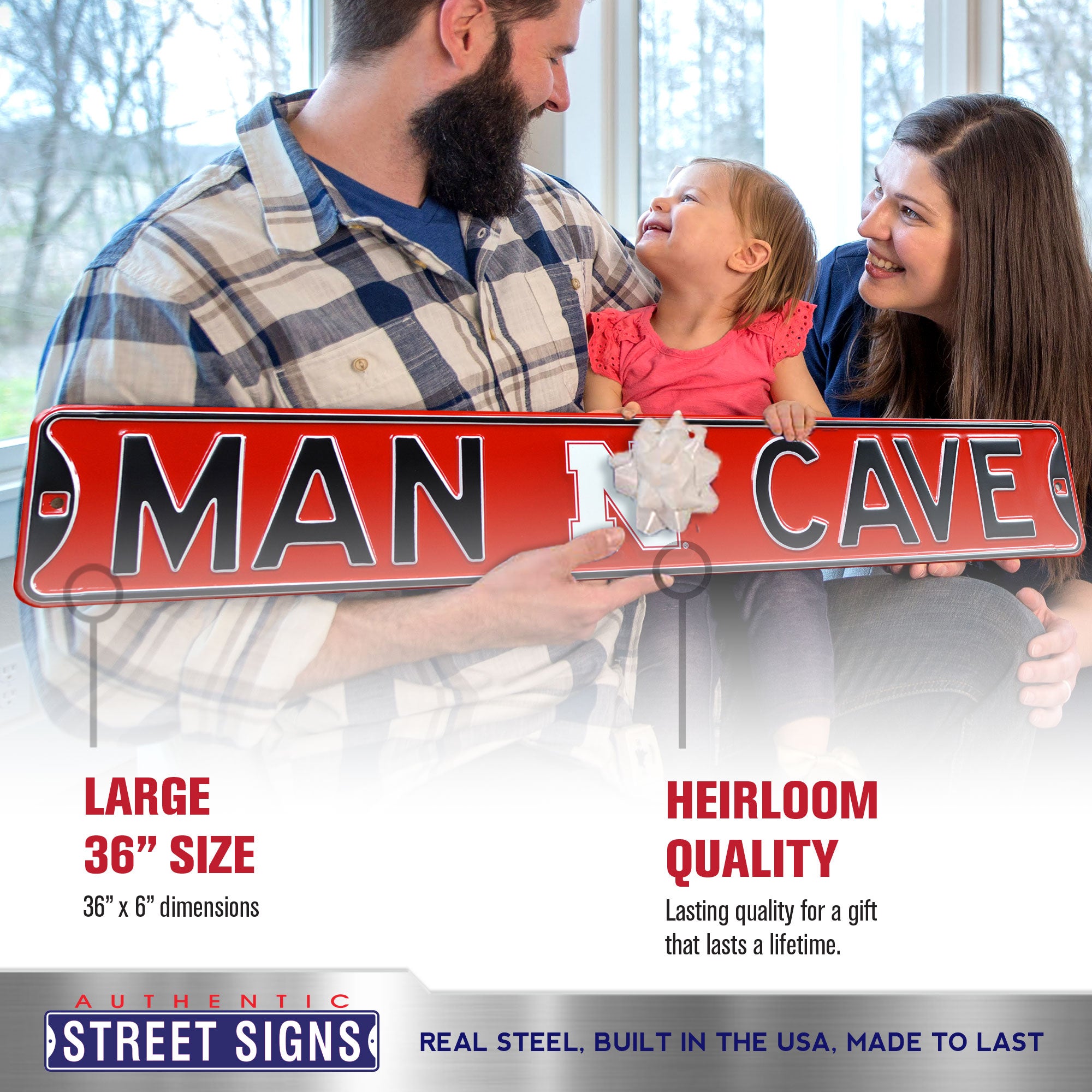 Nebraska Cornhuskers - MAN CAVE - Red Embossed Steel Street Sign