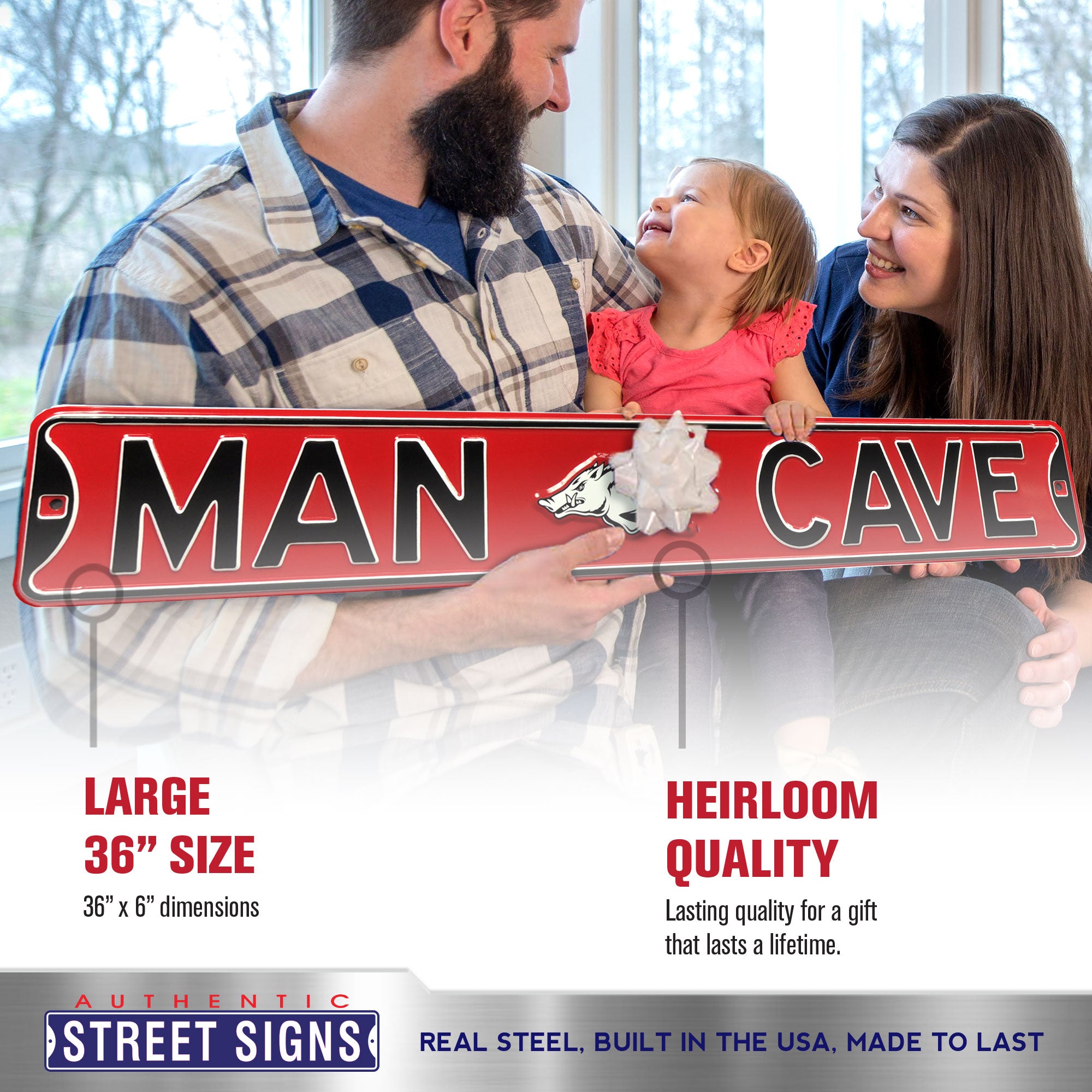 Arkansas Razorbacks - MAN CAVE - Embossed Steel Street Sign