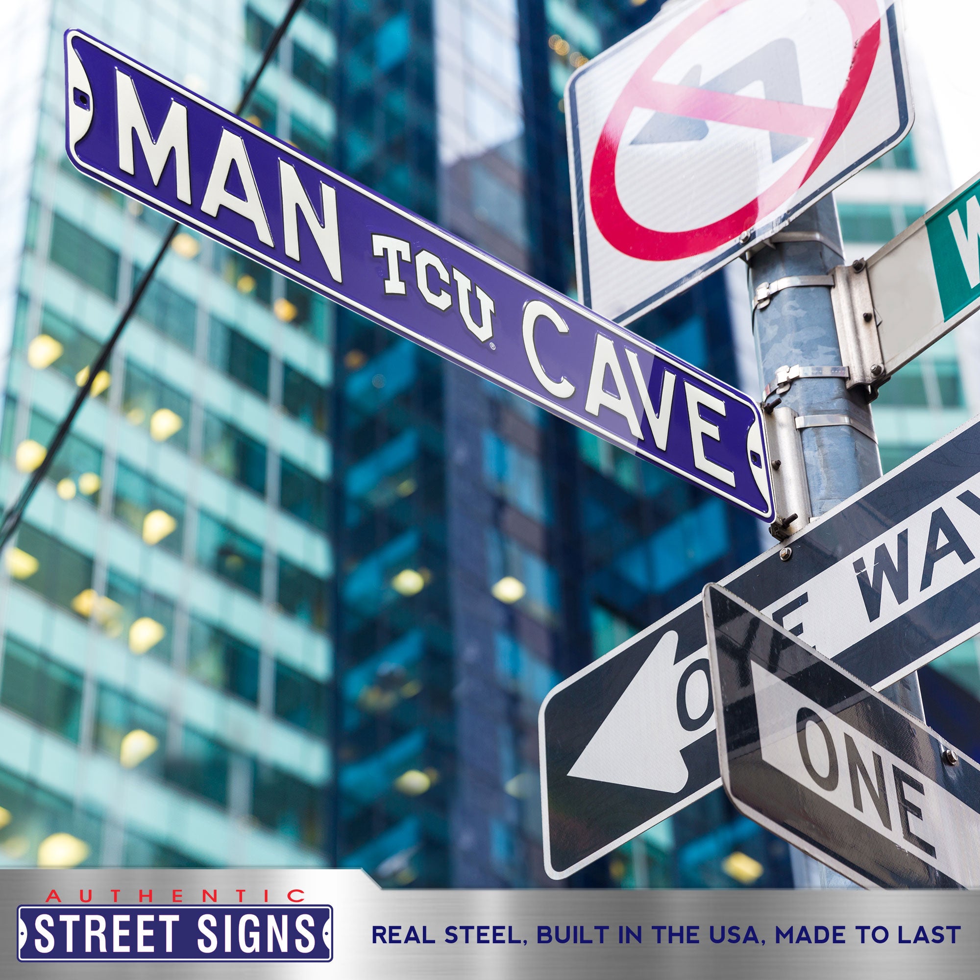 TCU Horned Frogs - MAN CAVE TCU - Embossed Steel Street Sign