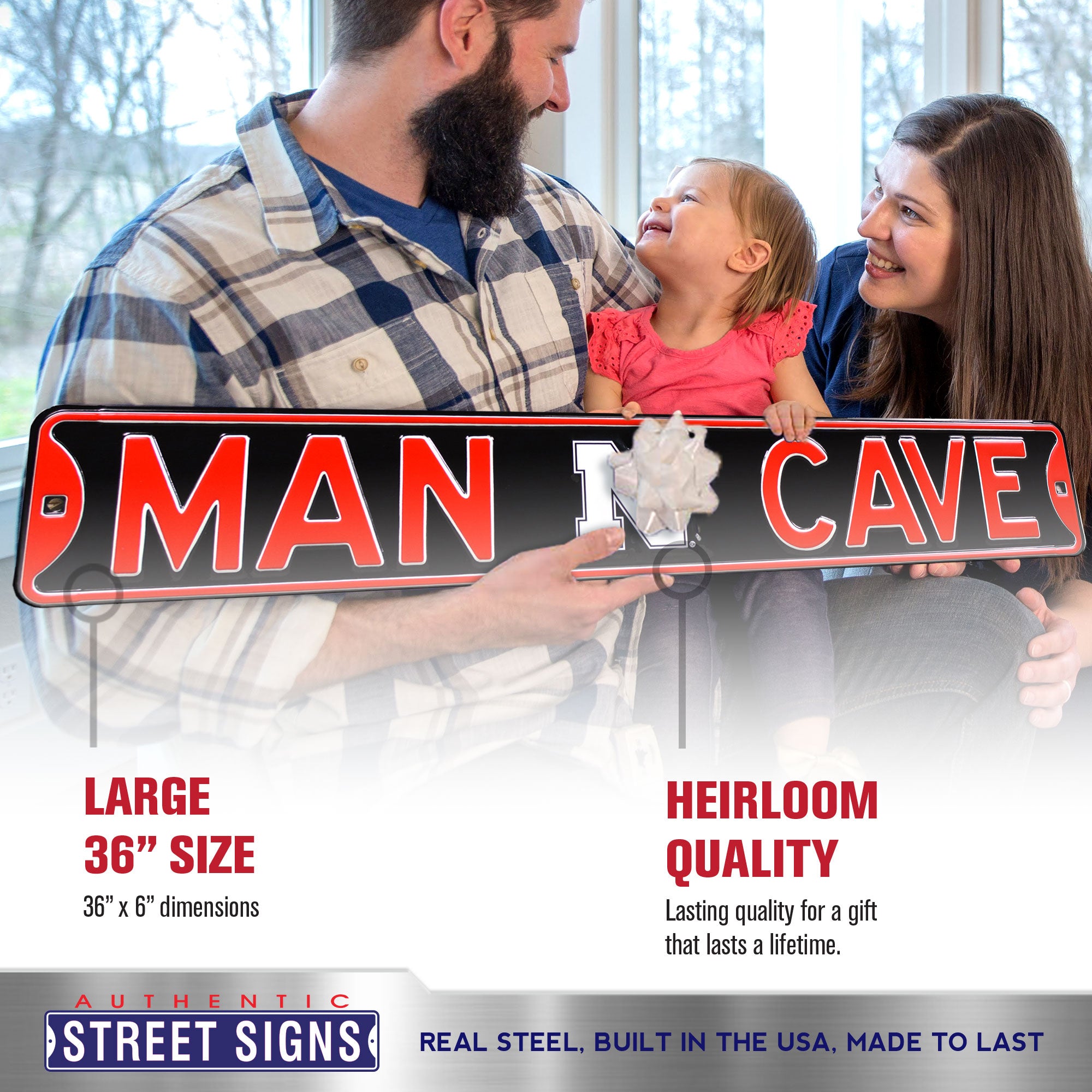 Nebraska Cornhuskers - MAN CAVE - Black Embossed Steel Street Sign