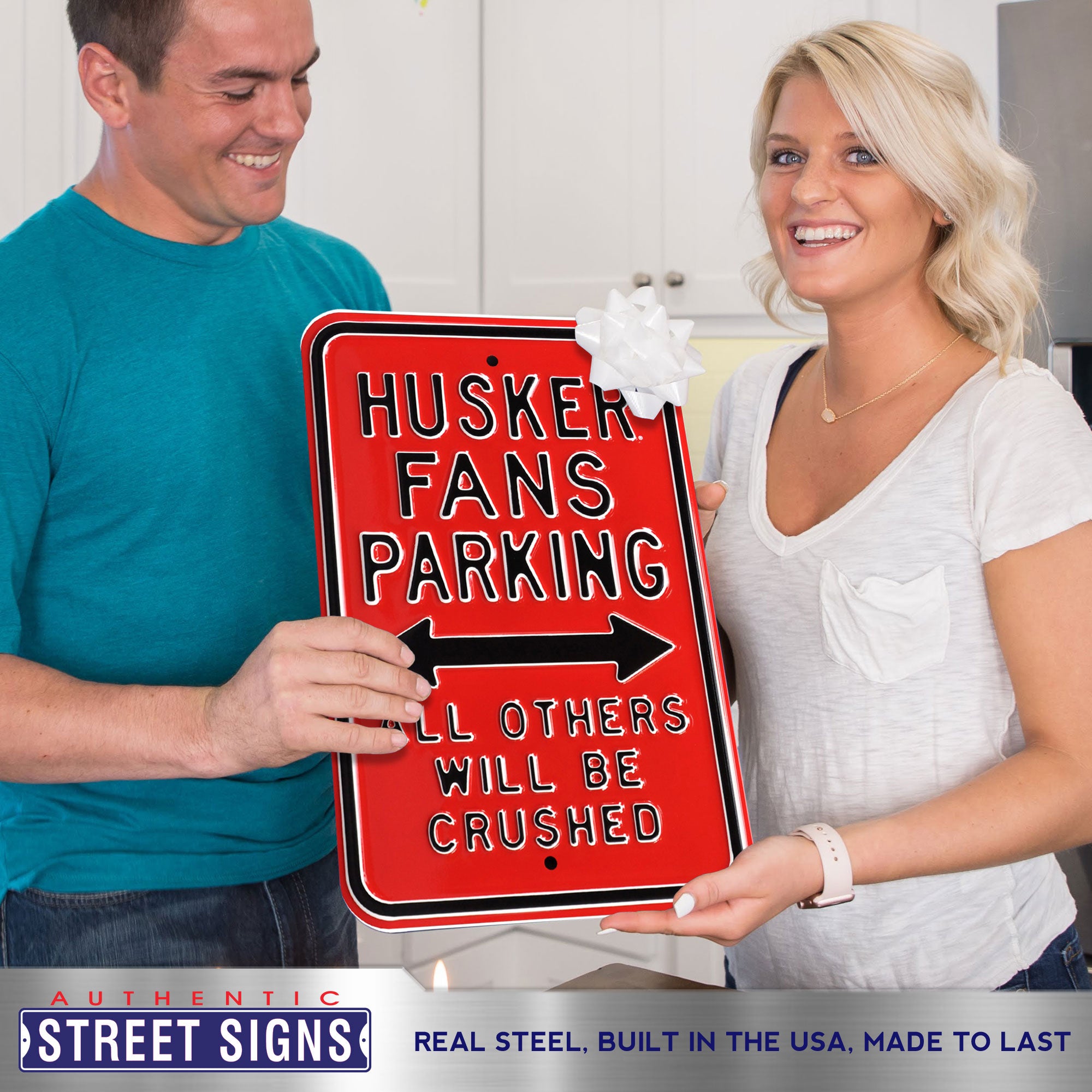 Nebraska Cornhuskers - ALL OTHERS CRUSHED - Embossed Steel Parking Sign