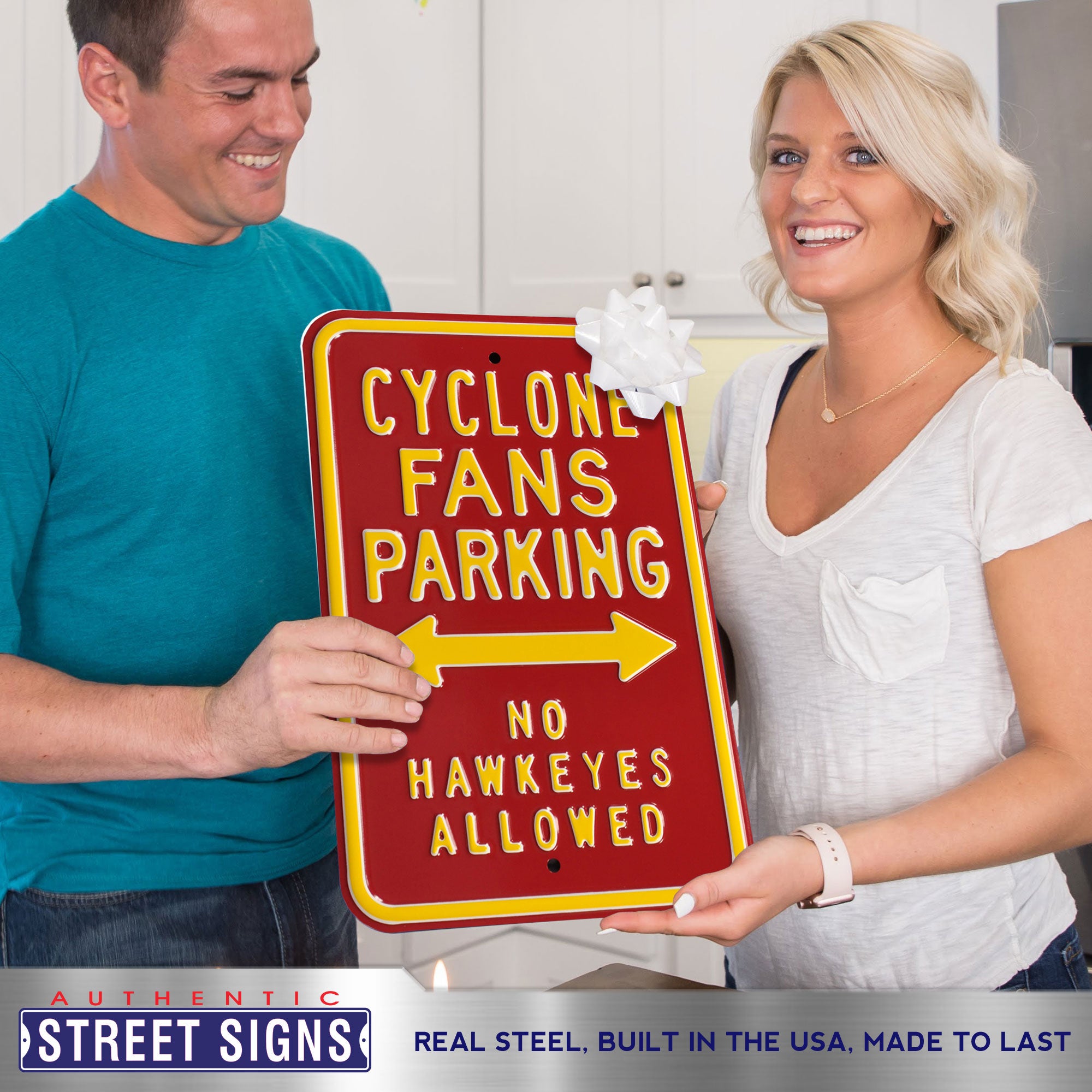 Iowa State Cyclones - NO HAWKEYES - Embossed Steel Parking Sign