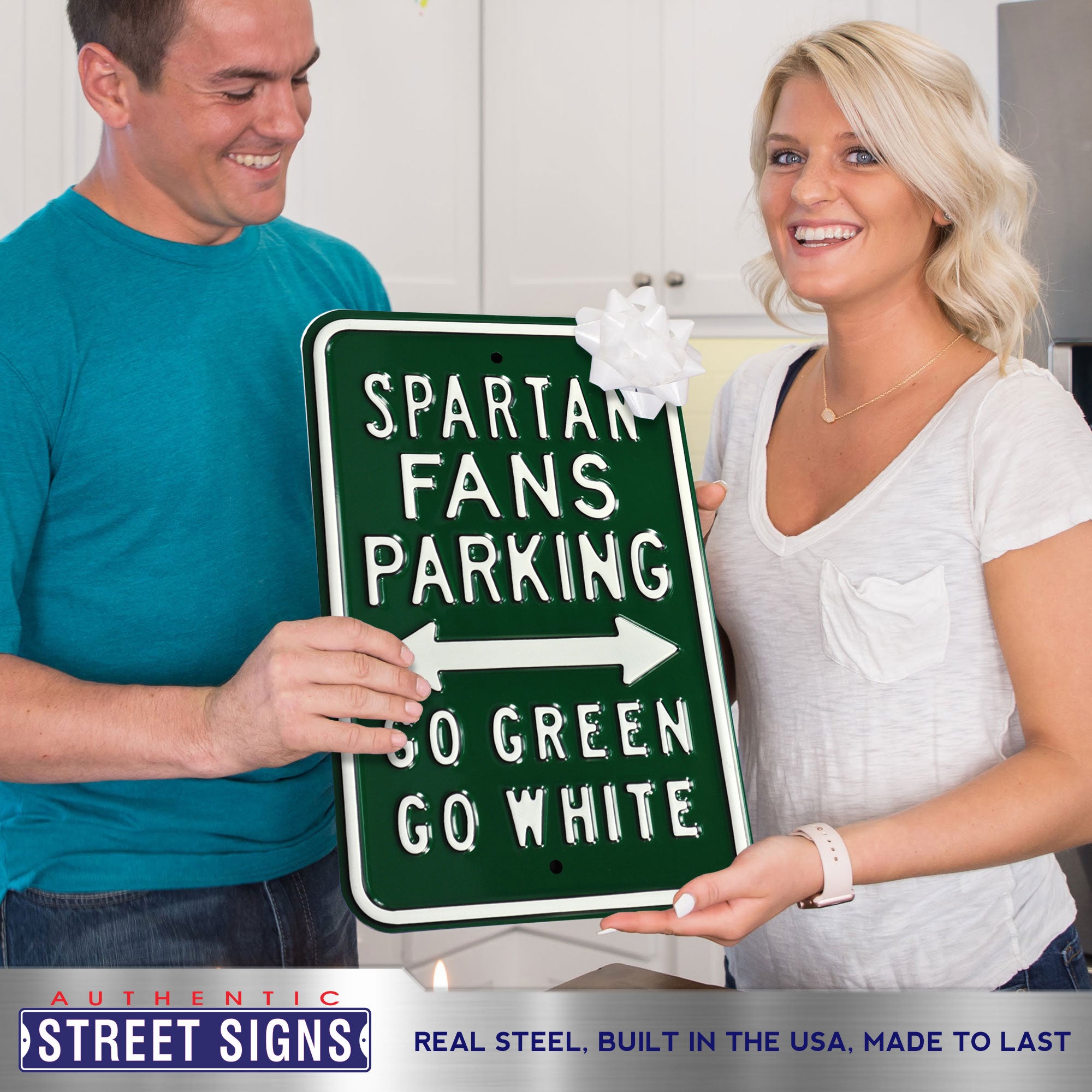 Michigan State Spartans - GO GREEN GO WHITE - Embossed Steel Parking Sign