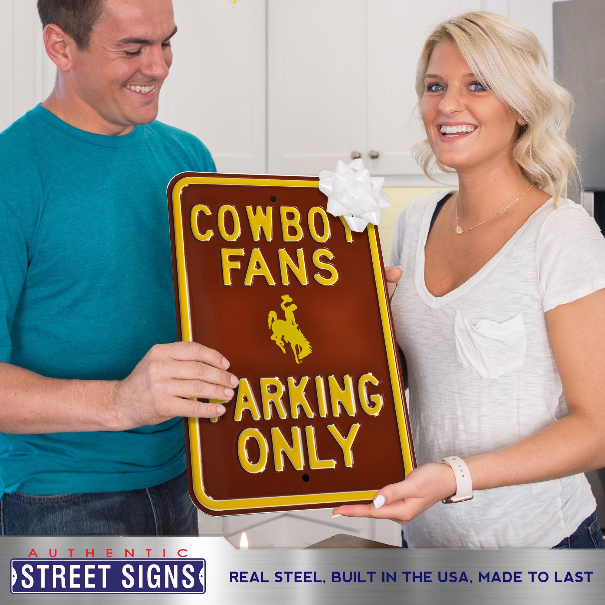 Wyoming Cowboys - COWBOY FANS LOGO - Embossed Steel Parking Sign