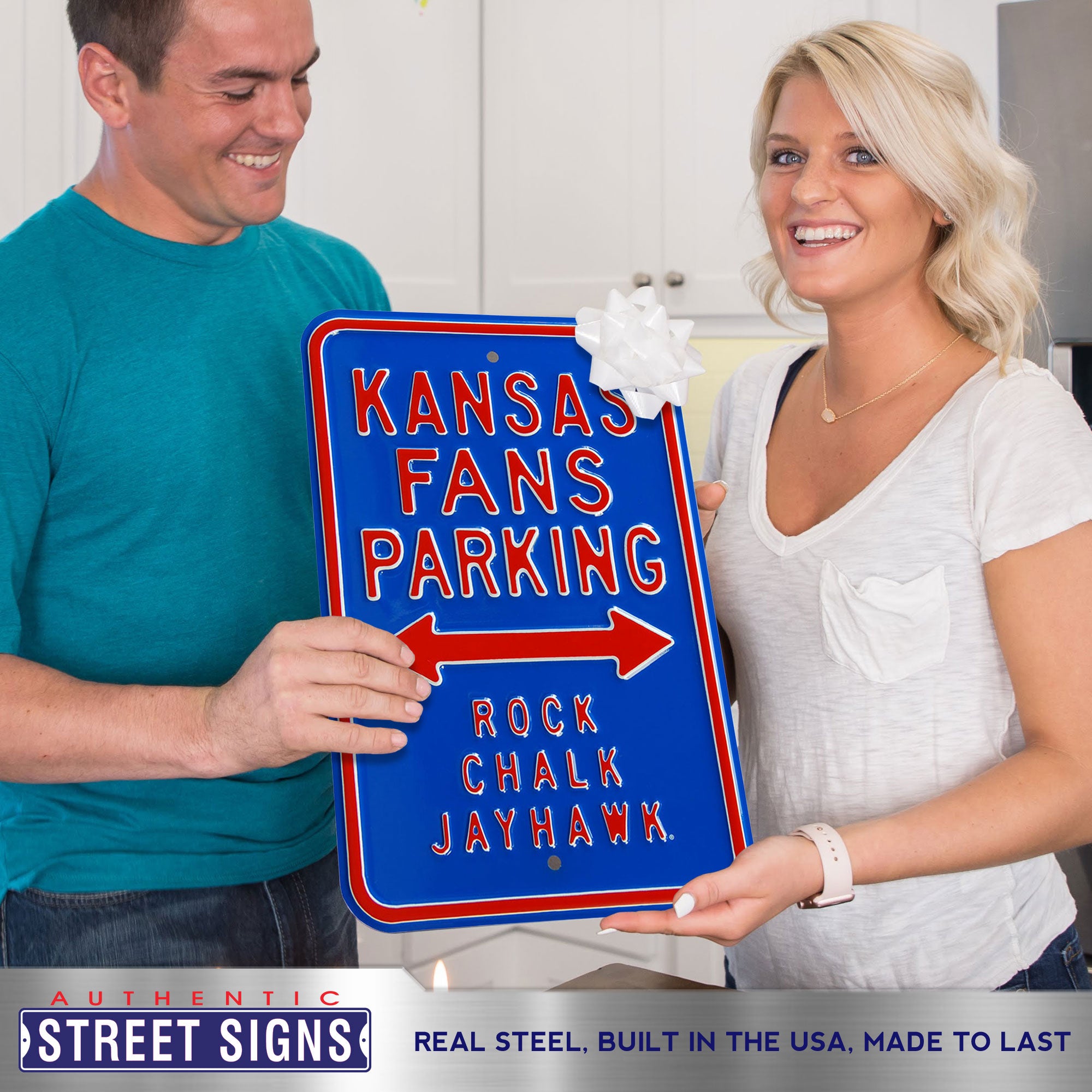 Kansas Jayhawks - ROCK CHALK - Embossed Steel Parking Sign